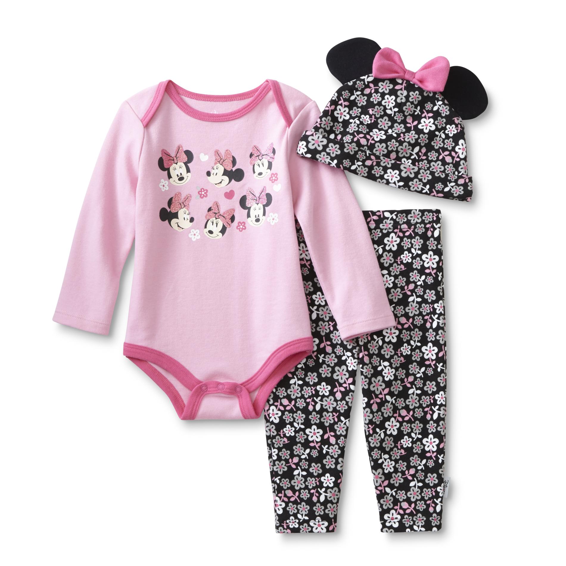 Disney Minnie Mouse Newborn Girl's Bodysuit, Pants & Beanie