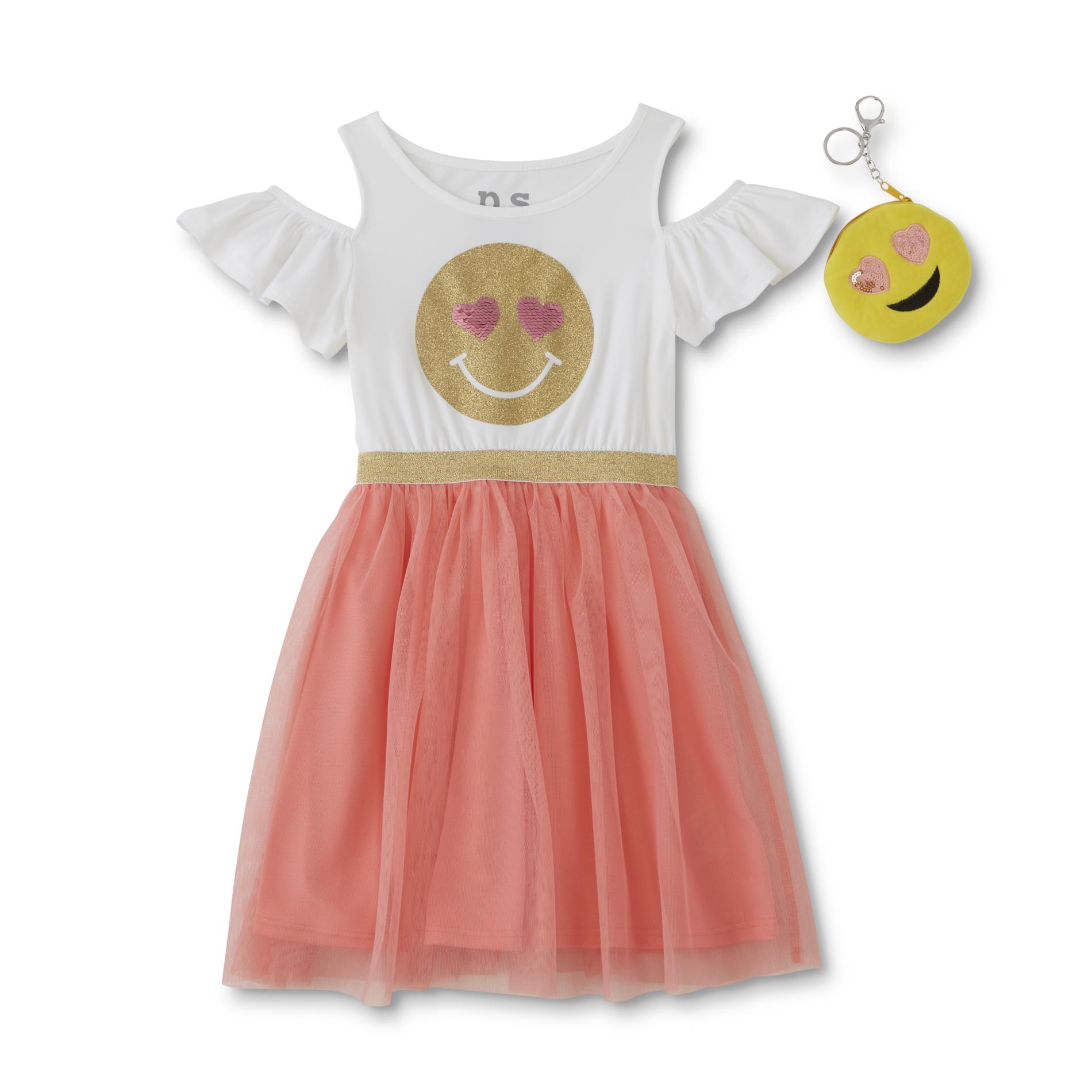 Aero Girls' Cold Shoulder Tutu Dress & Keychain - Emoji, Size: 12, White Aero Girls' Cold Shoulder Tutu Dress & Keychain - Emoji, Size: 12, White