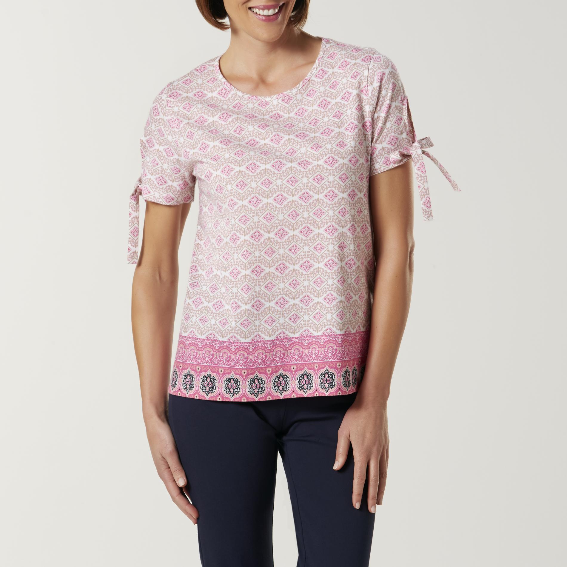 Basic Editions Women's Split Sleeve Top - Geometric, Size: Small, Aurora Pink Basic Editions Women's Split Sleeve Top - Geometric, Size: Small, Aurora Pink
