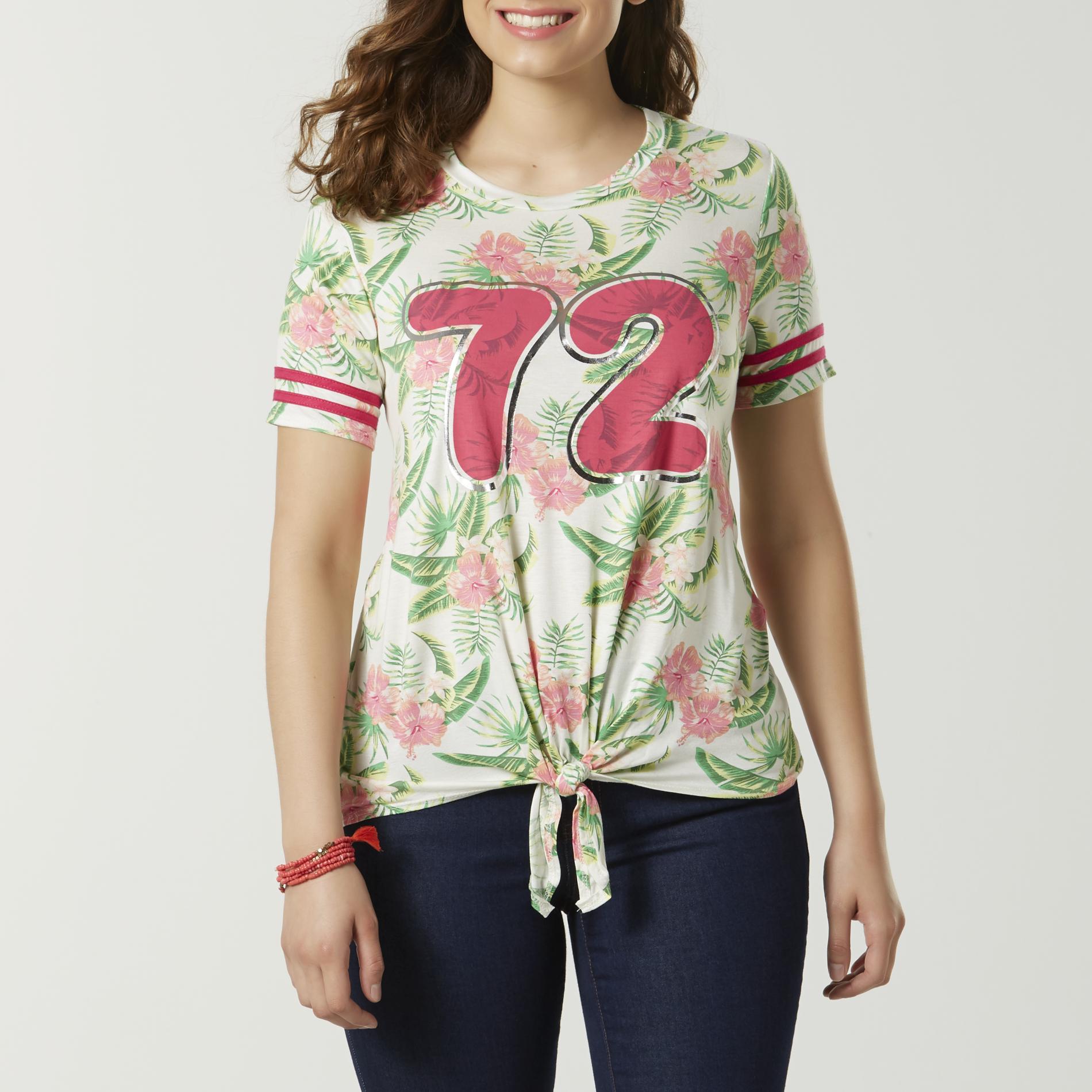Joe Boxer Plus Juniors' Tie-Front Graphic T-Shirt - Floral, Size: 2XL, White Joe Boxer Plus Juniors' Tie-Front Graphic T-Shirt - Floral, Size: 2XL, White