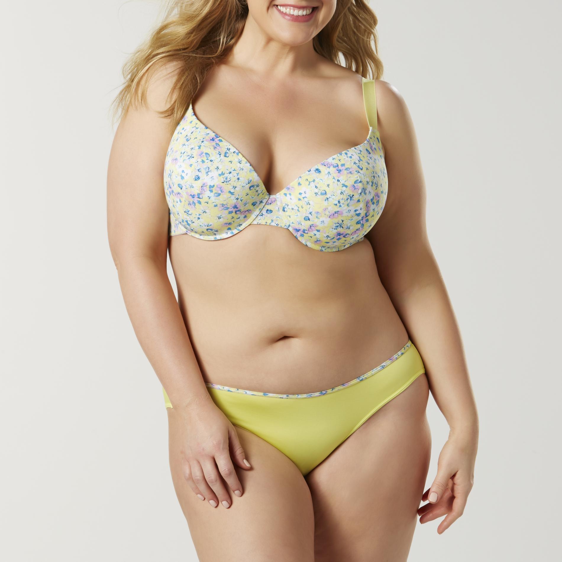 Women's Plus T-Shirt Bra & Bikini Panties - Floral, Size: 42 C, Green Women's Plus T-Shirt Bra & Bikini Panties - Floral, Size: 42 C, Green