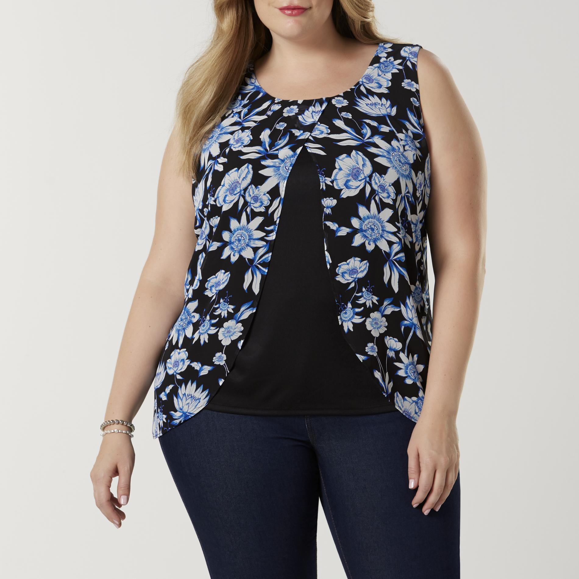 Simply Emma Women's Plus Flyaway Tank Top - Floral, Size: 1XL, Maritime Blue Simply Emma Women's Plus Flyaway Tank Top - Floral, Size: 1XL, Maritime Blue