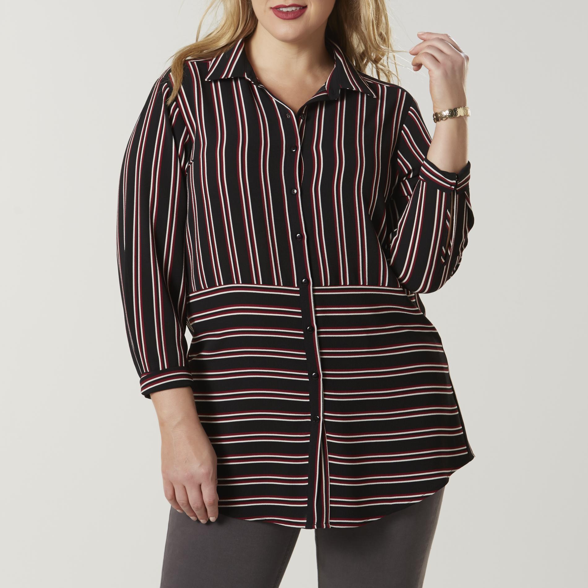 Simply Emma Women's Plus Button-Front Tunic - Striped, Size: 2XL, Black Black Simply Emma Women's Plus Button-Front Tunic - Striped, Size: 2XL, Black Black