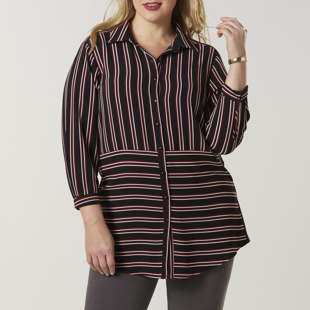 Simply Emma Women's Plus Button-Front Tunic - Striped