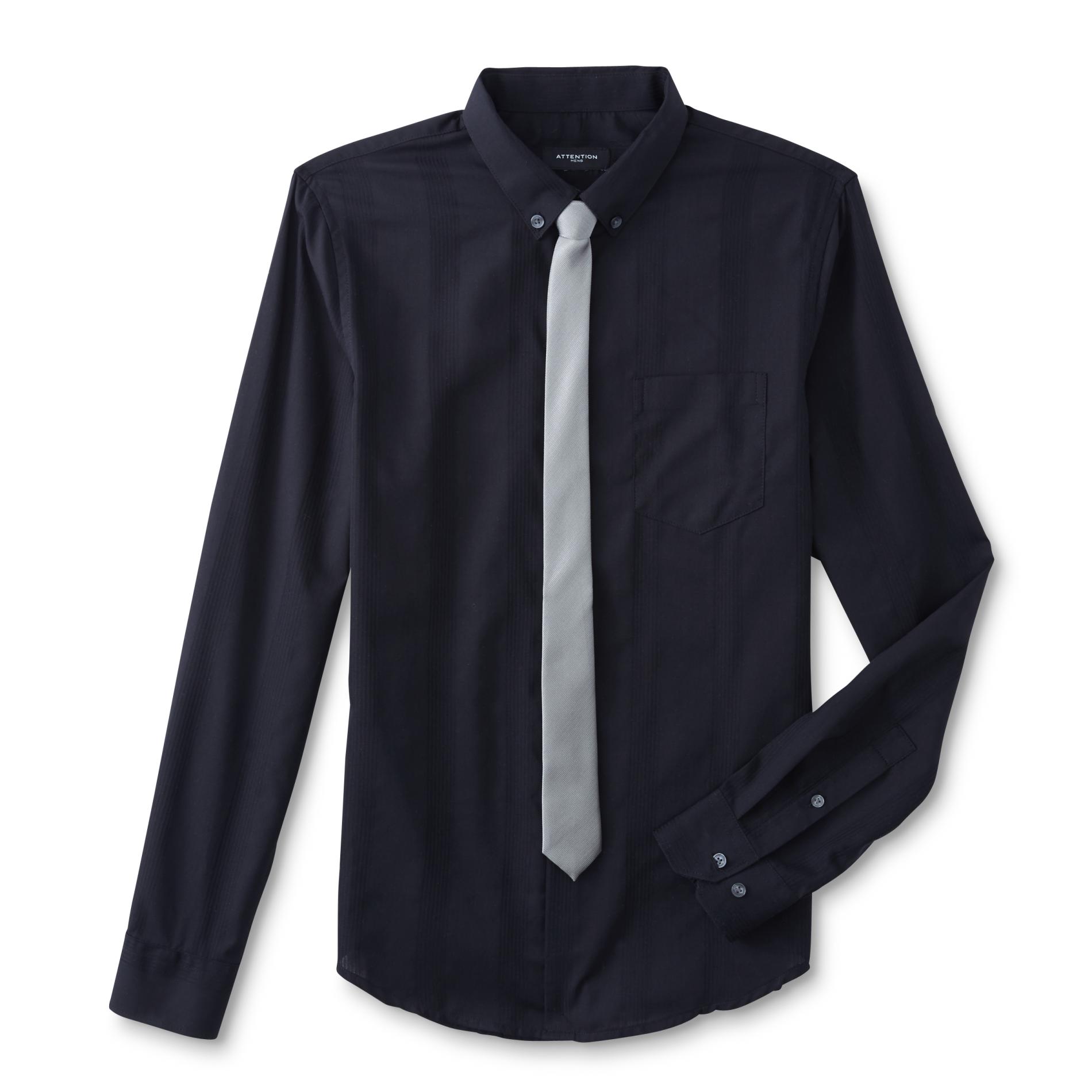 Attention Men's Big & Tall Dress Shirt & Necktie - Herringbone Striped
