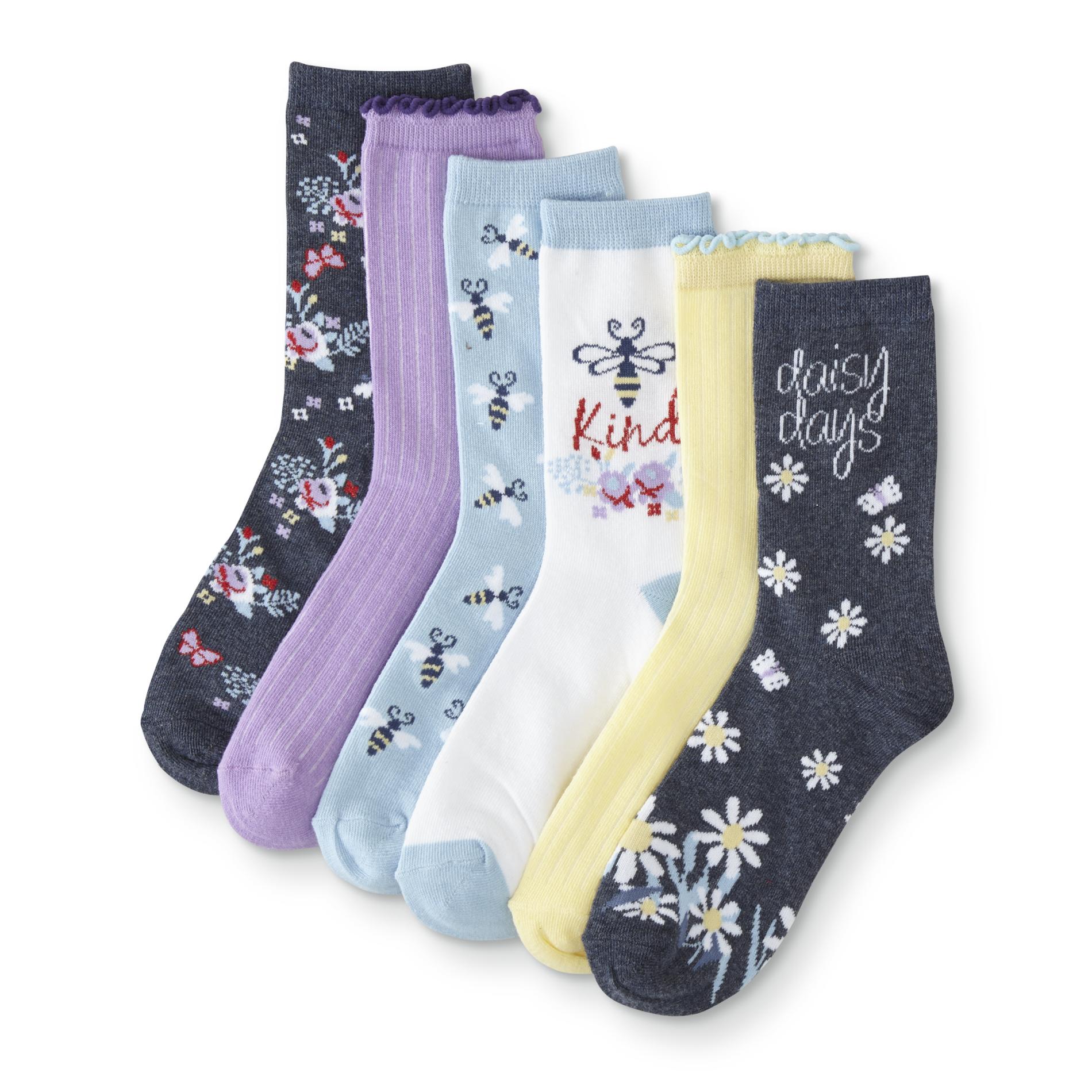Girls' 6-Pairs Ankle Socks - Bees & Flowers