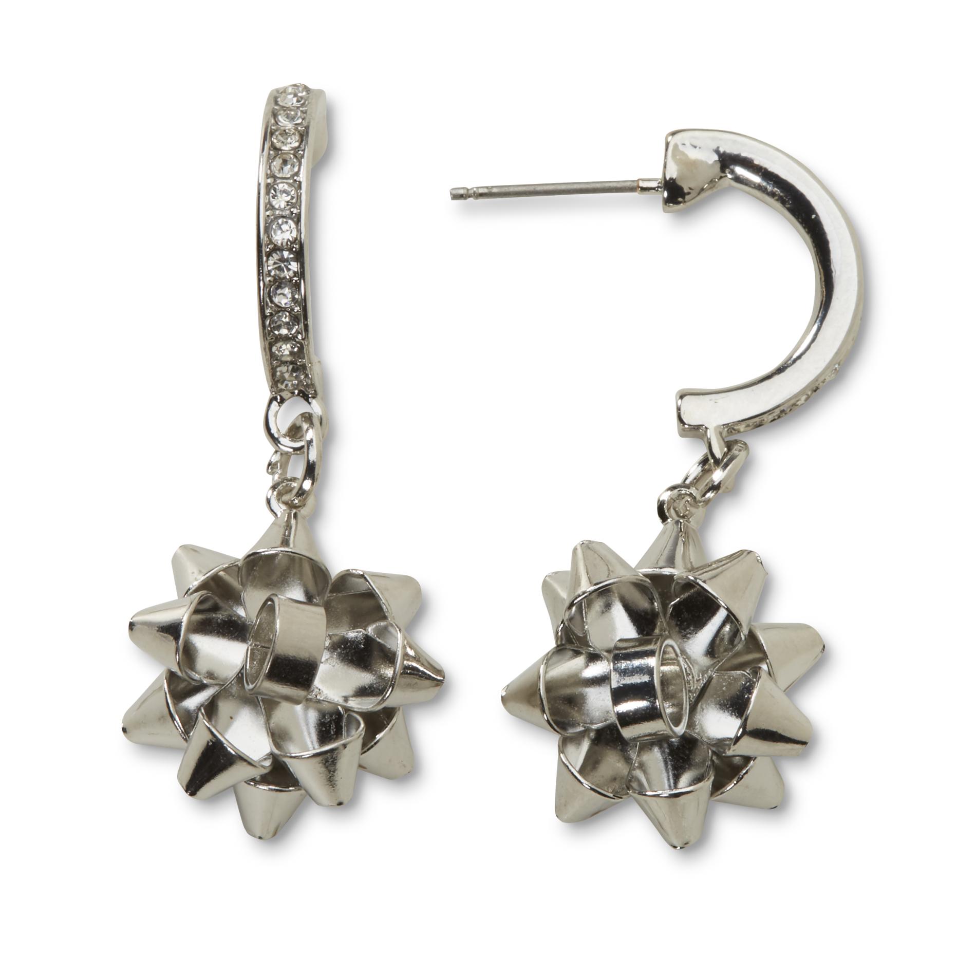 Women's Silvertone Christmas Dangle Earrings - Bow