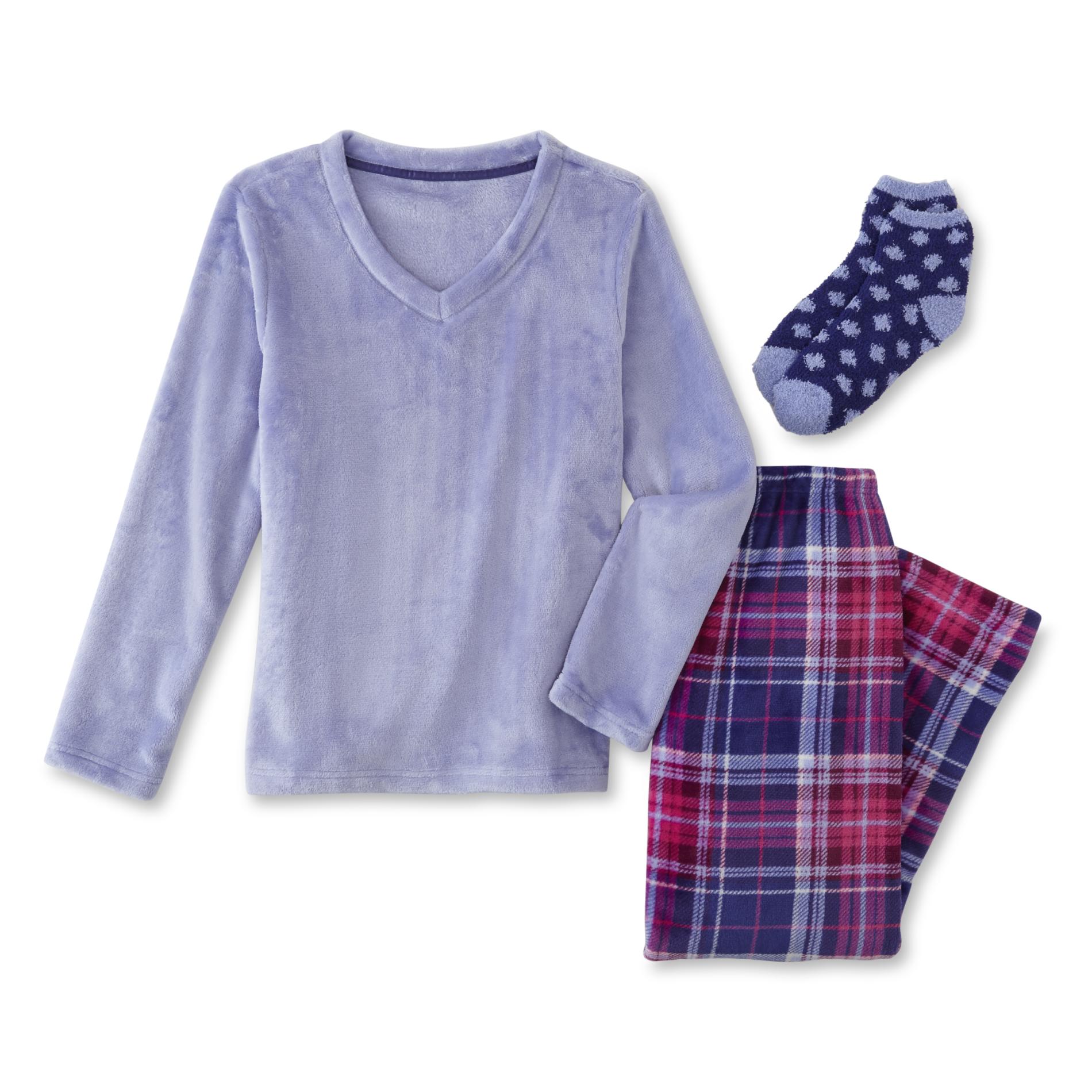 Laura Scott Women's Fleece Pajama Shirt, Pants & Socks - Plaid