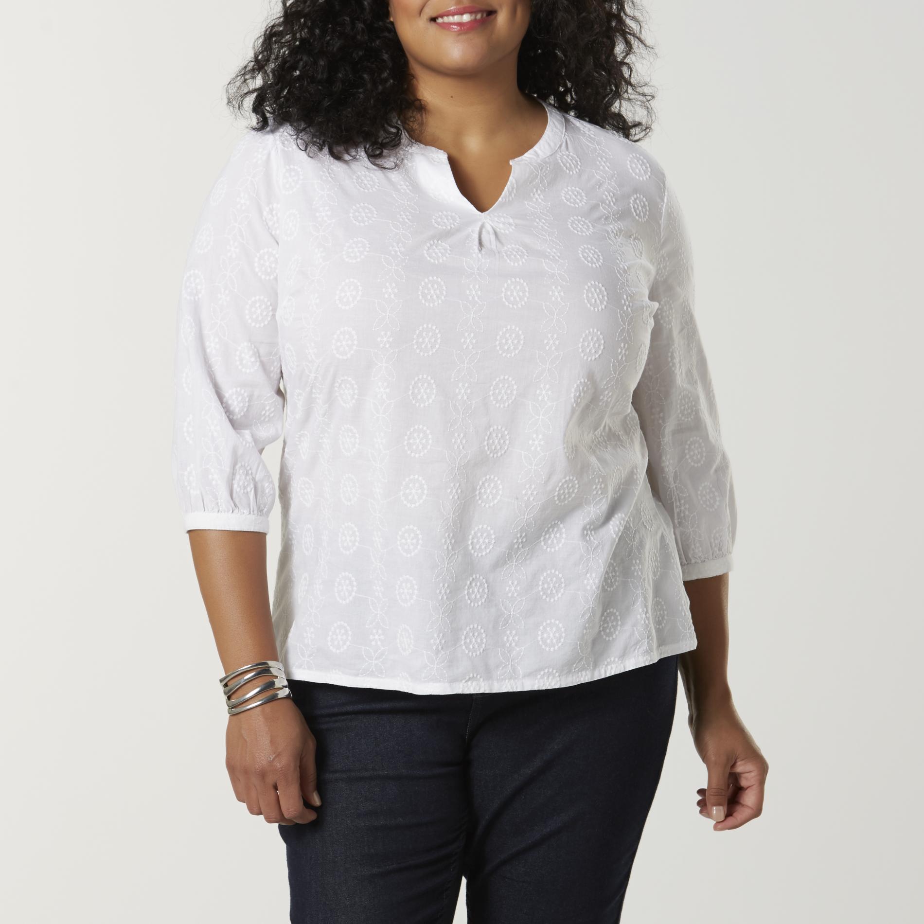Basic Editions Women's Plus Three-Quarter Sleeve Tunic, Size: 1XL, Core White Basic Editions Women's Plus Three-Quarter Sleeve Tunic, Size: 1XL, Core White