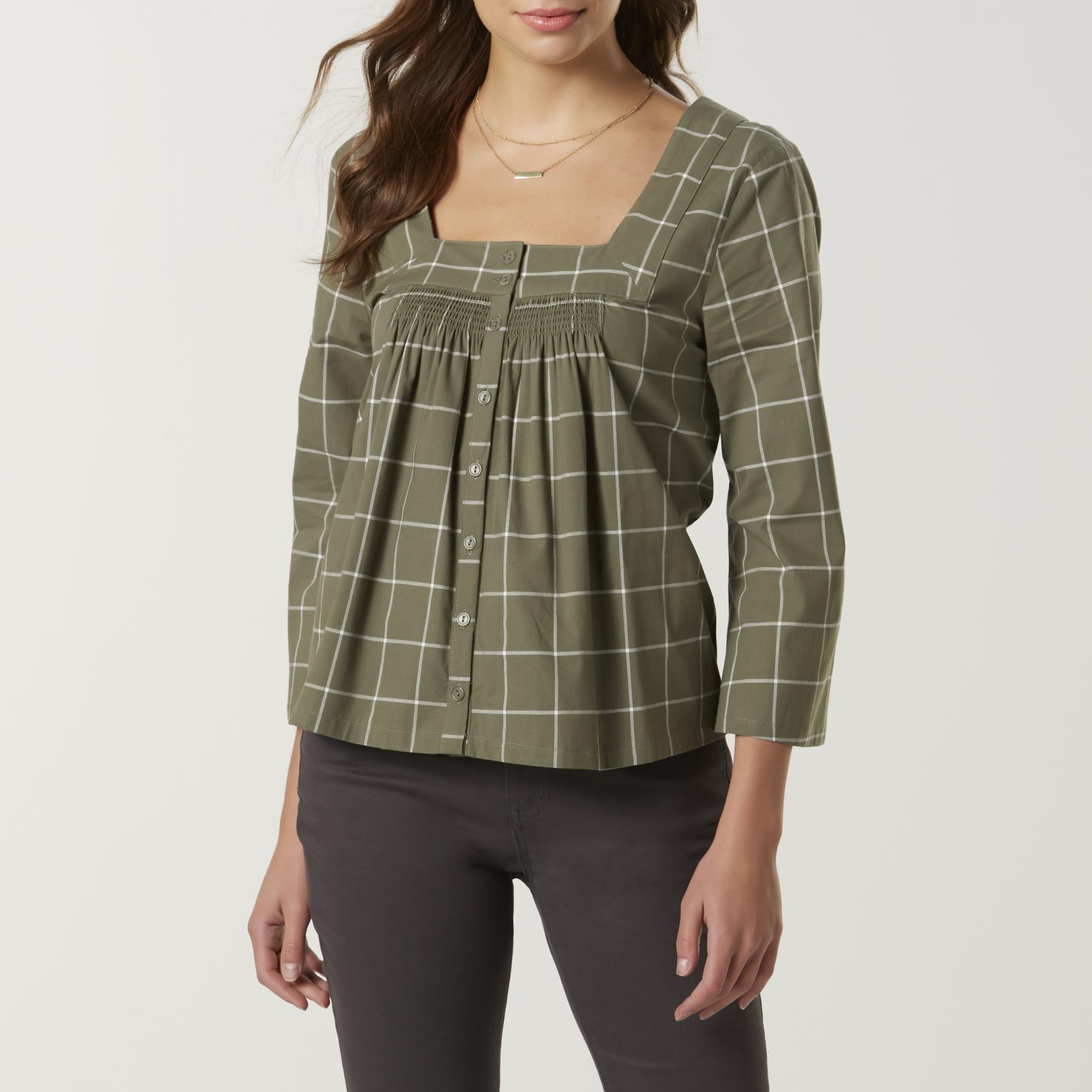 Route 66 Women's Square Neck Blouse - Checkered