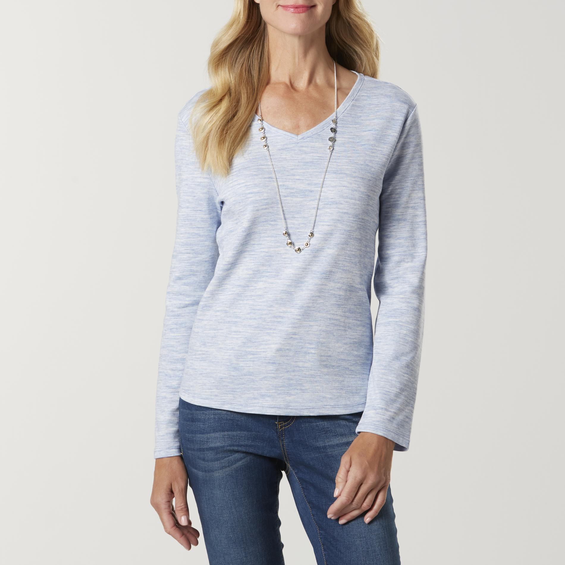 Basic Editions Women's Long-Sleeve V-Neck T-Shirt - Space-Dyed
