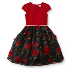 Girls Floral Print Tulle Trim Flared-Skirt Short Sleeves Sleeves Jacquard Party Dress