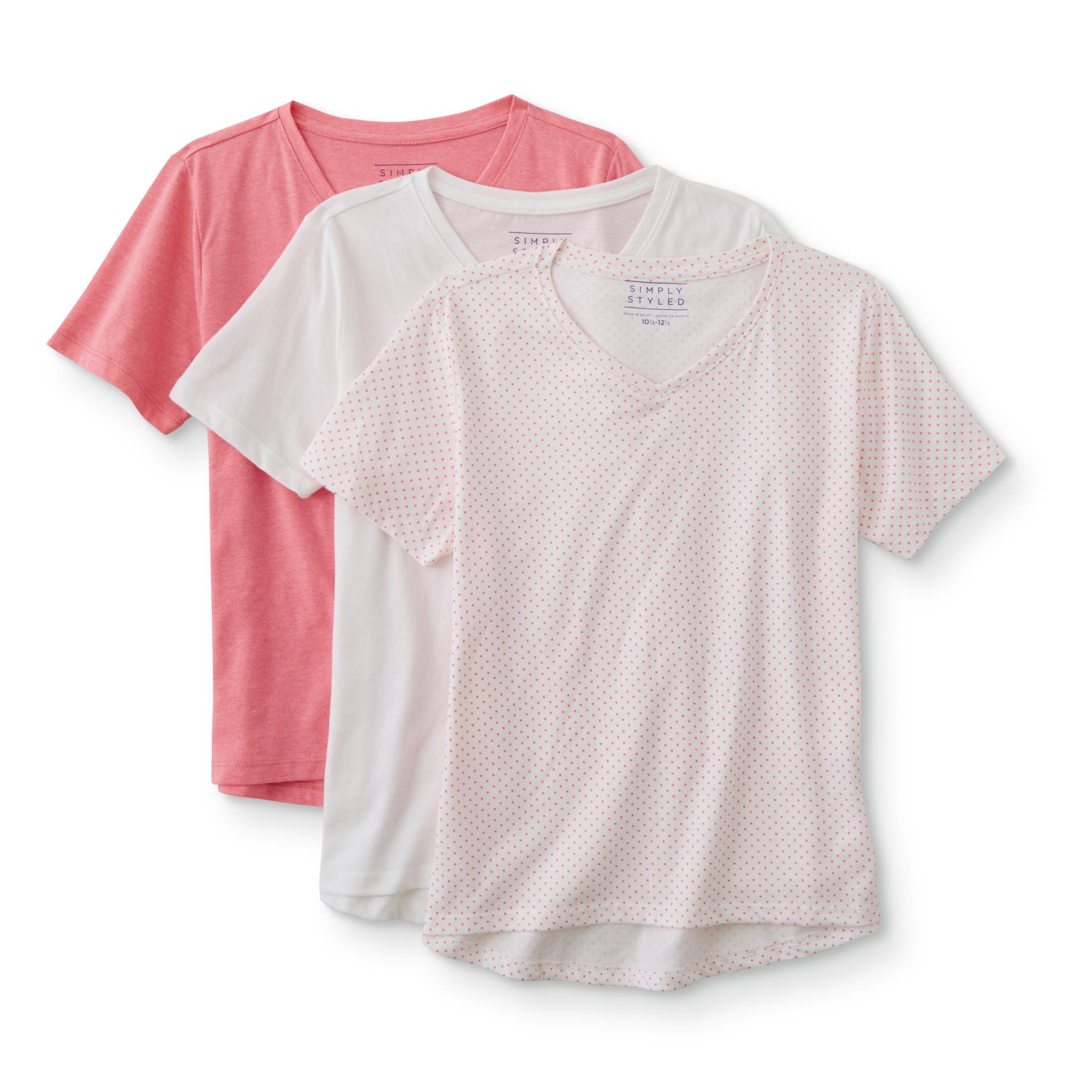Simply Styled Girls' Plus 3-Pack V-Neck T-Shirts - Solid & Dots