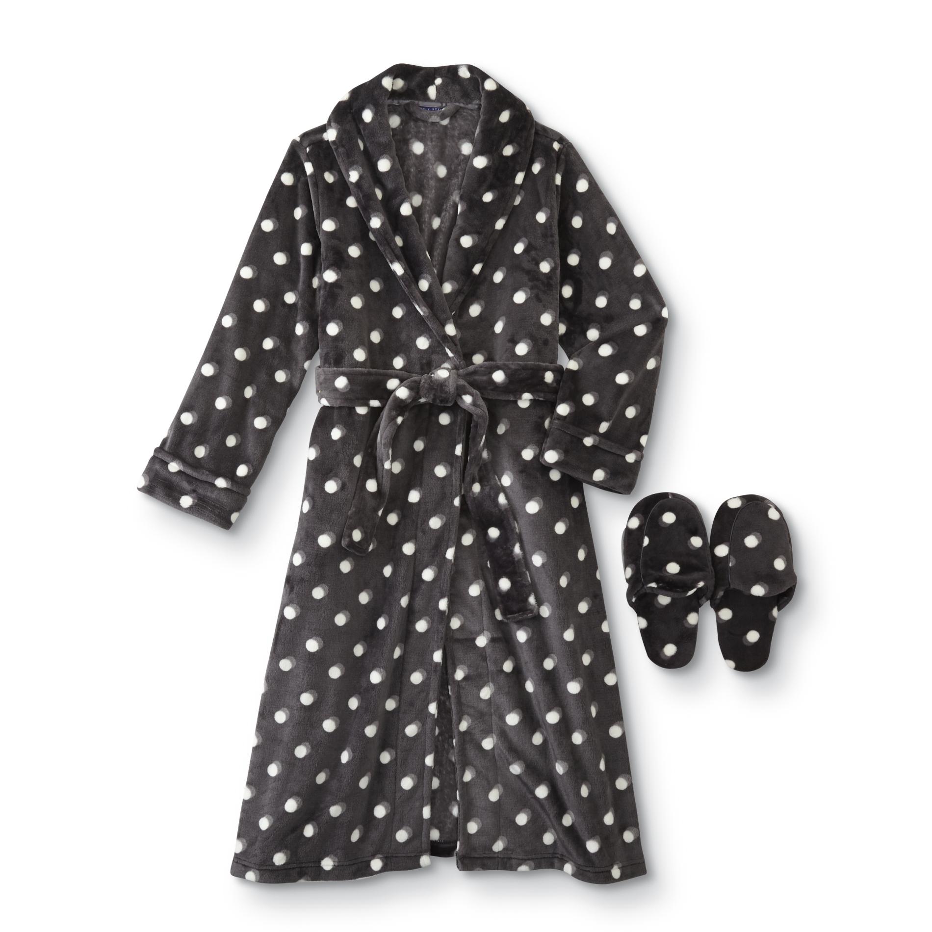 Simply Styled Women's Plush Robe & Slippers - Polka Dot