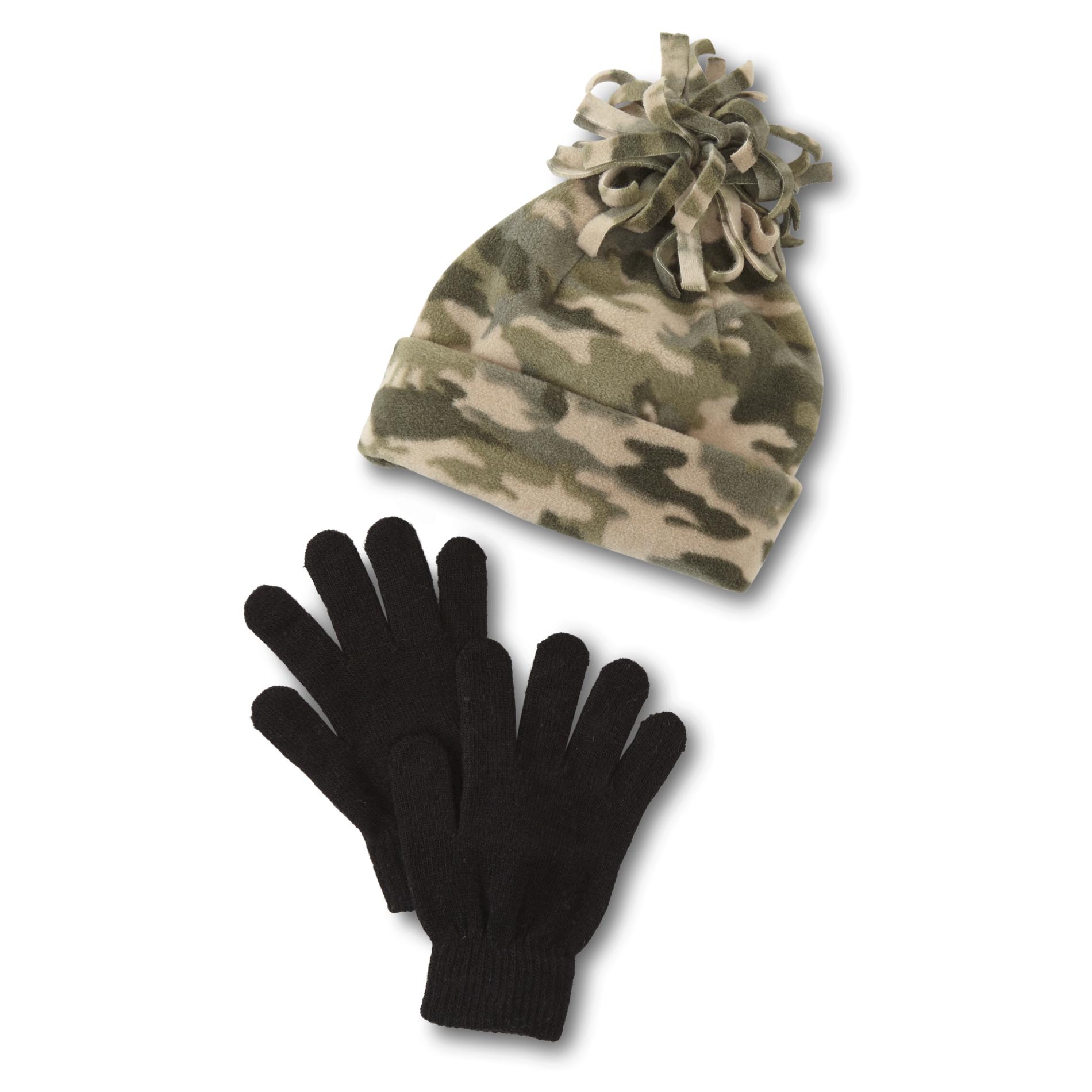 Basic Editions Boys' Fleece Beanie Hat & Stretch Knit Gloves - Camouflage
