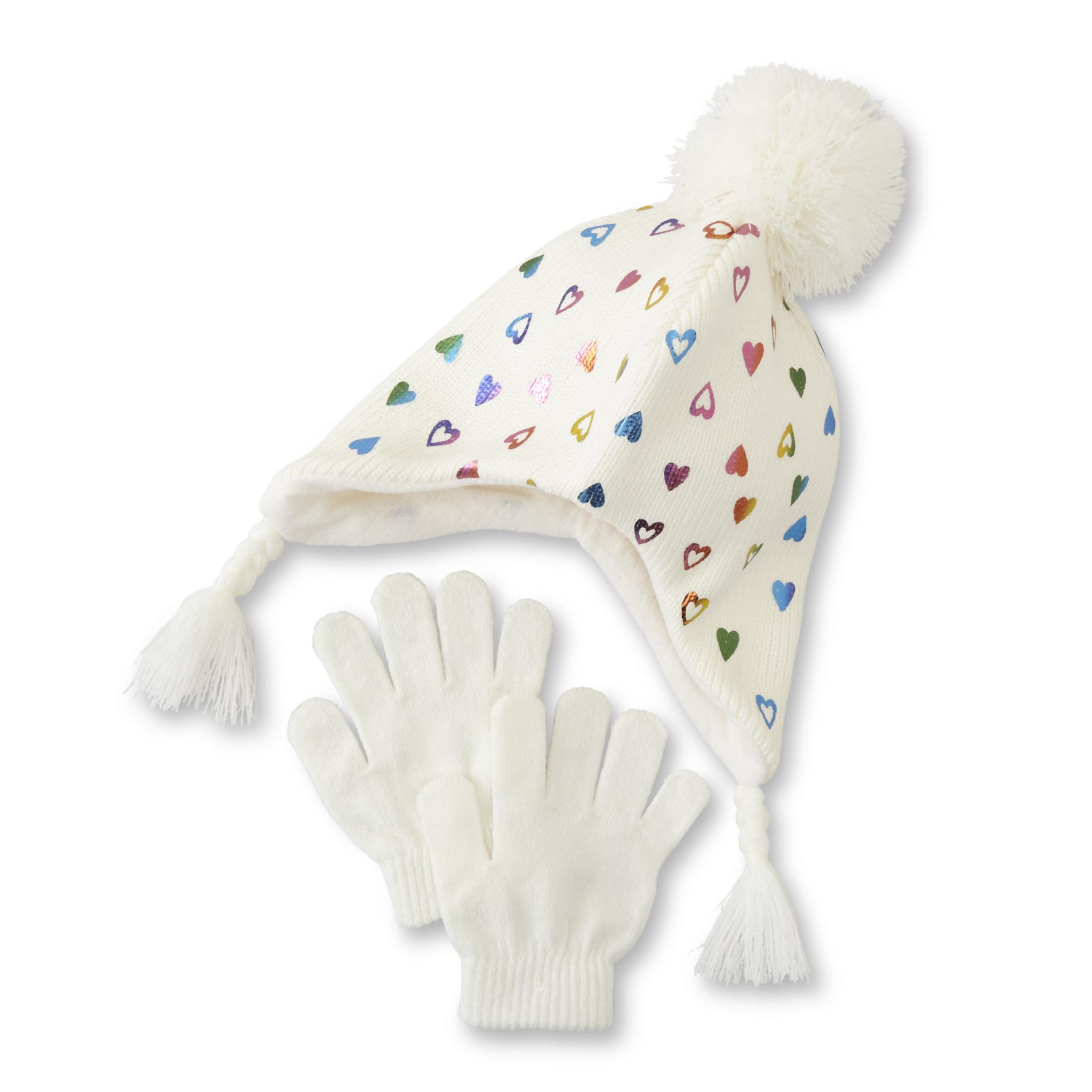 Basic Editions Girls' Beanie Hat & Gloves - Hearts