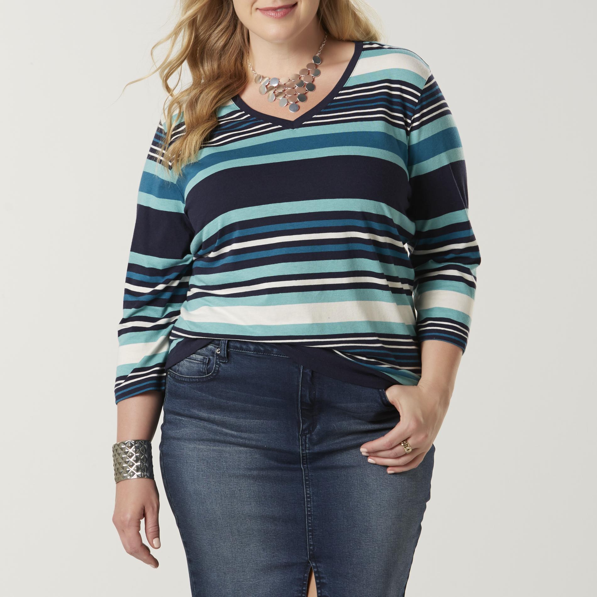 Laura Scott Women's Plus V-Neck Shirt - Striped