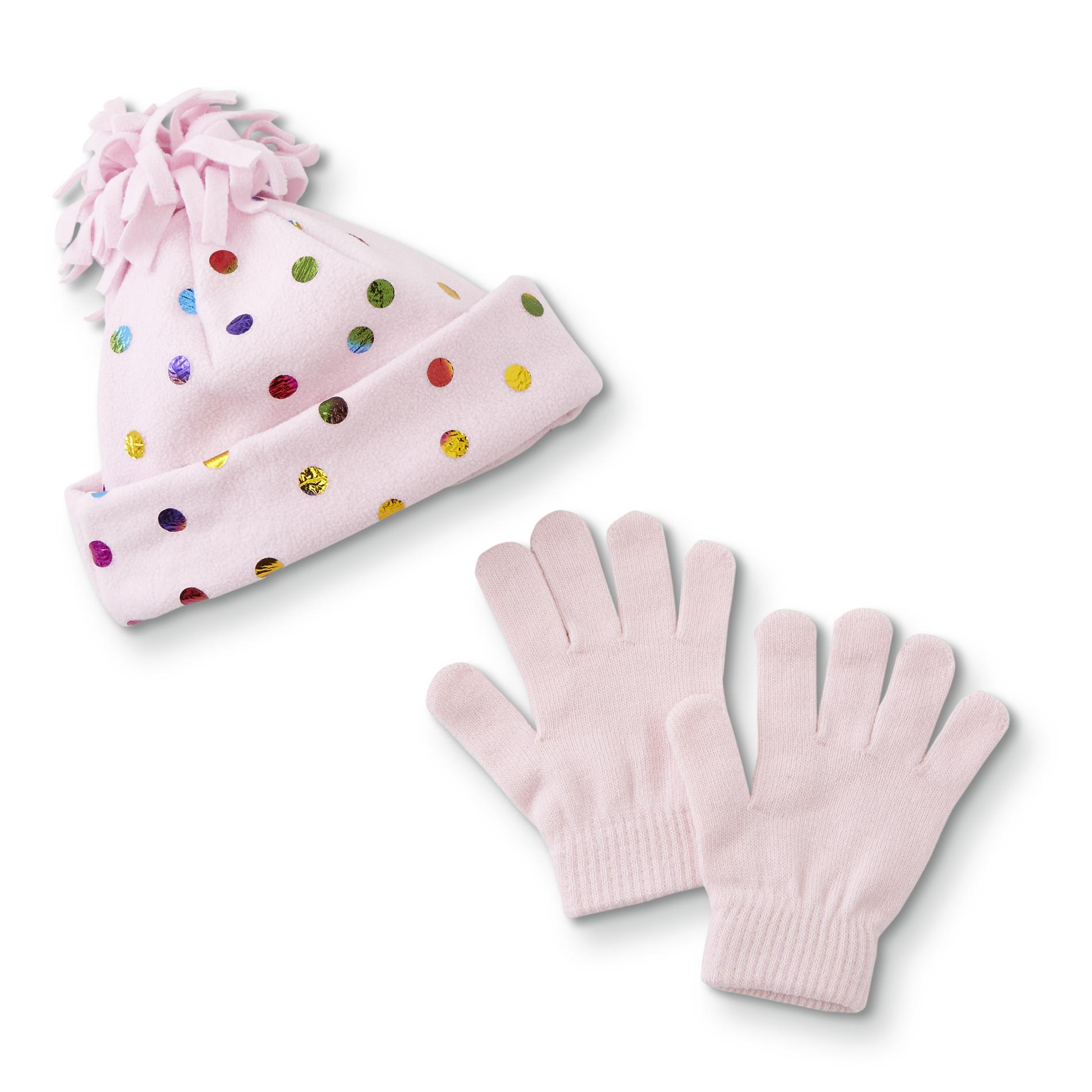 Basic Editions Girls' Fleece Beanie Hat & Stretch Knit Gloves - Dots