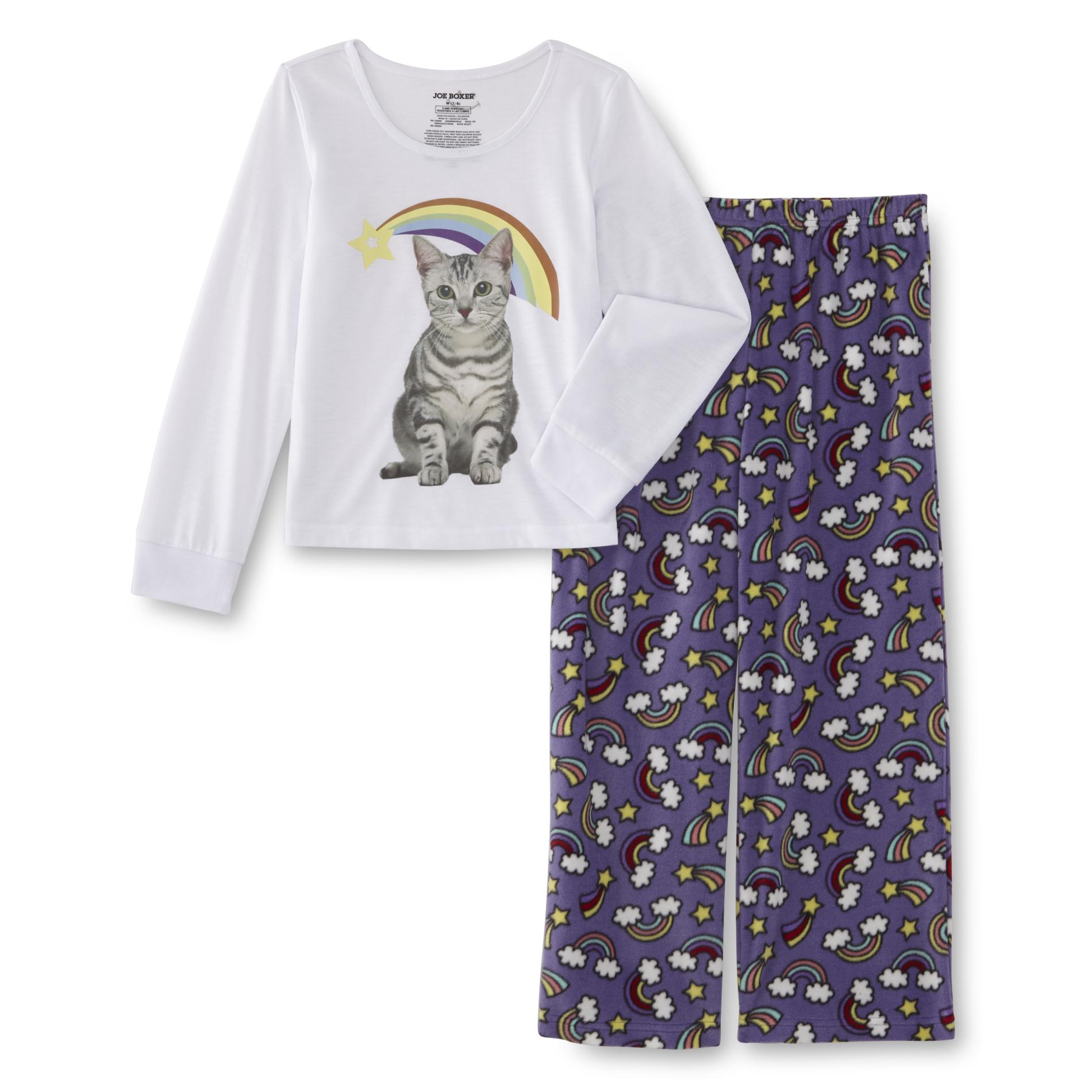 Joe Boxer Girls' Pajama Top & Fleece Pants - Rainbow Cat