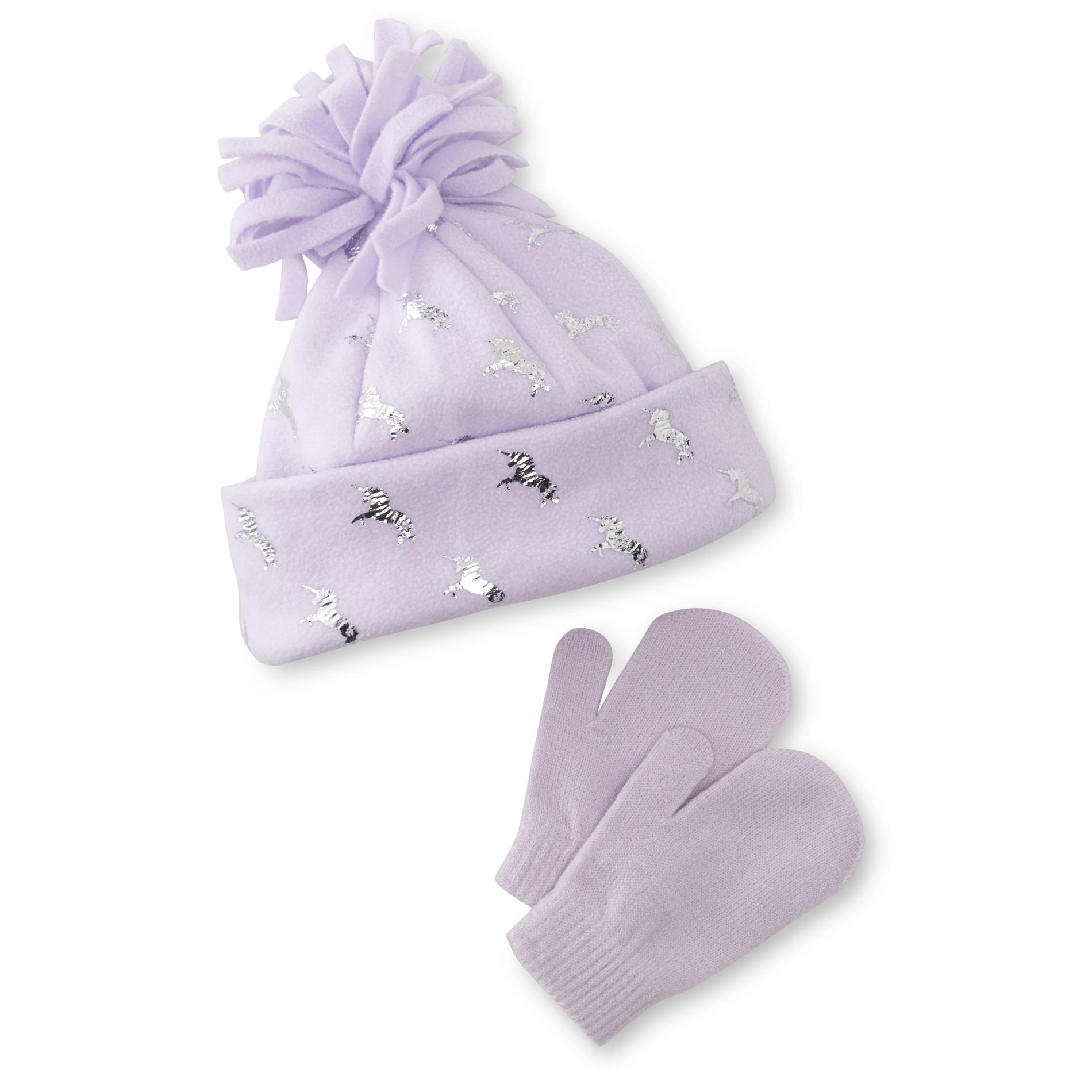 Simply Styled Toddler Girls' Fleece Beanie Hat & Stretch Knit Mittens - Unicorns