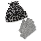 Girls Fleece Beanie Hat & Stretch Knit Gloves   Leopard