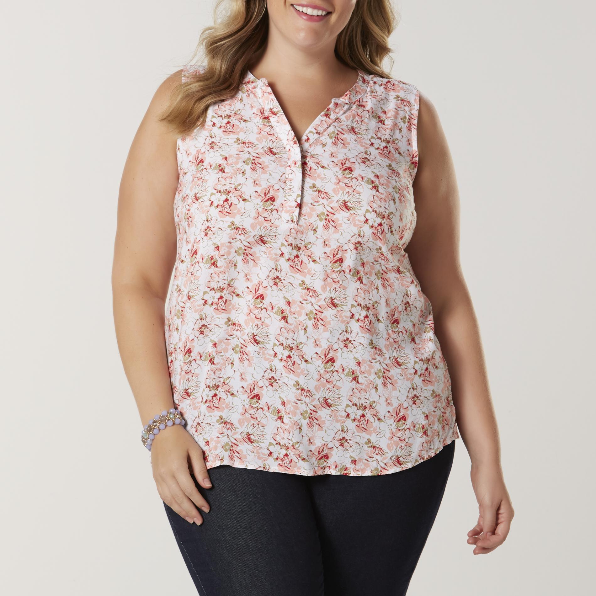 Basic Editions Women's Plus Sleeveless Y-Neck Top - Floral, Size: 1XL, Core White Basic Editions Women's Plus Sleeveless Y-Neck Top - Floral, Size: 1XL, Core White