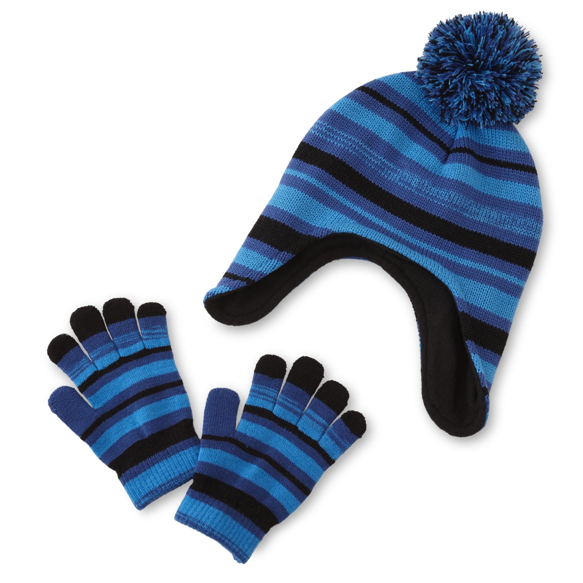 Basic Editions Boys' Winter Hat & Gloves - Striped