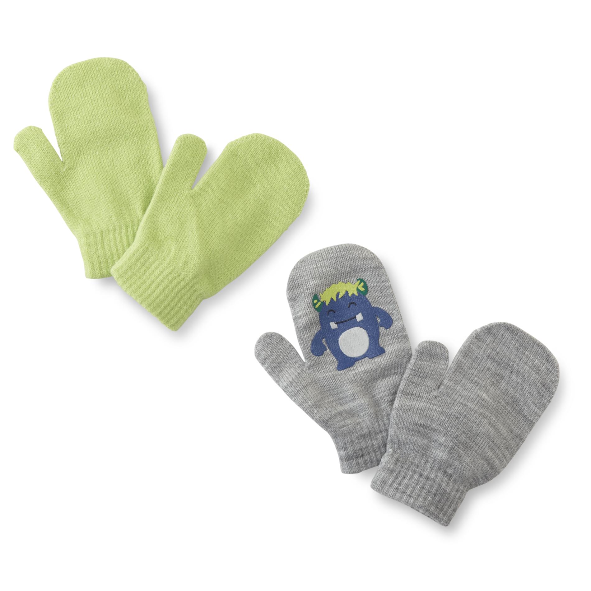 Basic Editions Toddler Boys' 2-Pairs Stretch Knit Mittens - Solid & Monster