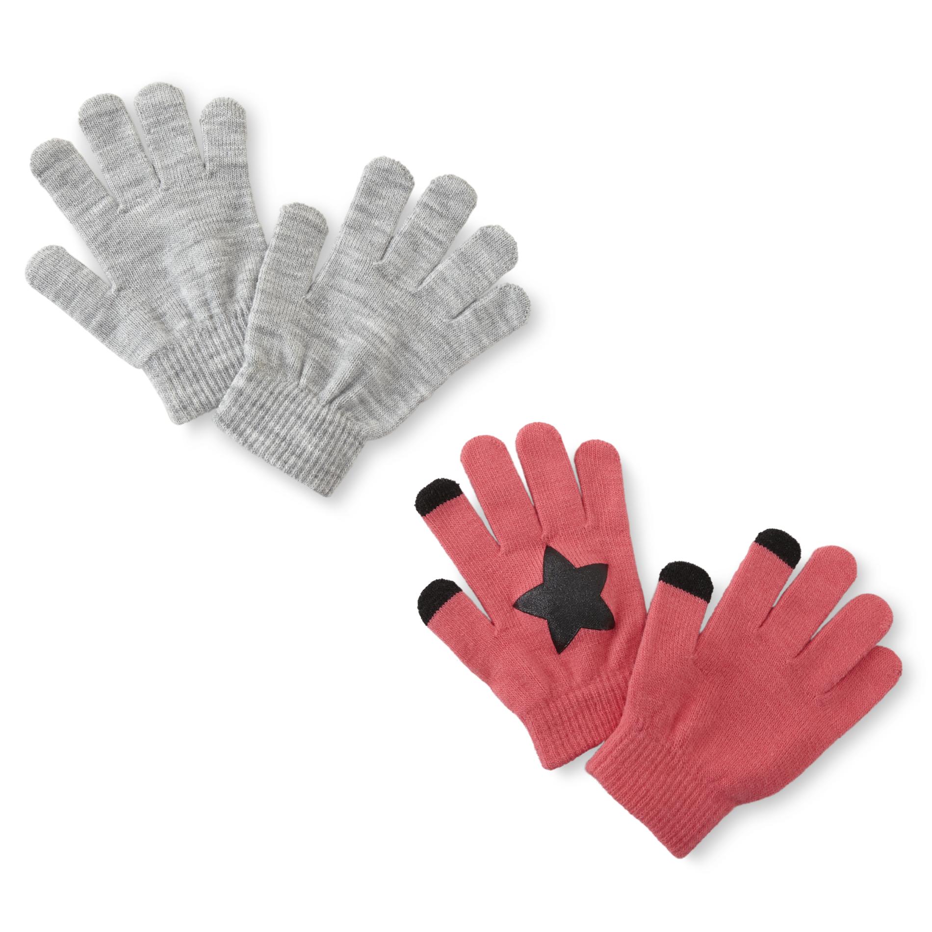 Basic Editions Girls' 2-Pack Stretch Winter Gloves - Solid & Star, Gray Basic Editions Girls' 2-Pack Stretch Winter Gloves - Solid & Star, Gray