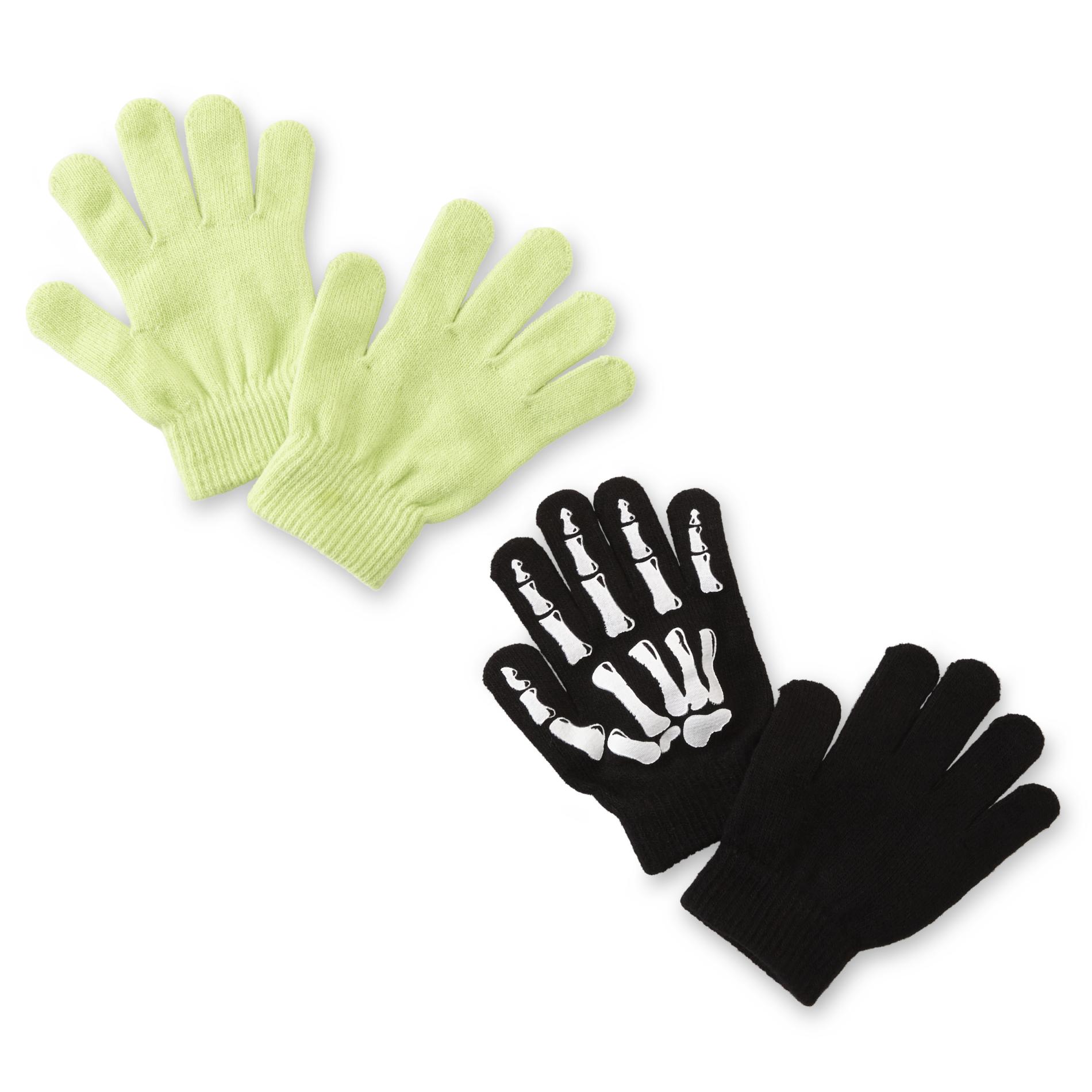 Basic Editions Boys' 2-Pack Stretch Winter Gloves - Solid & Skeleton