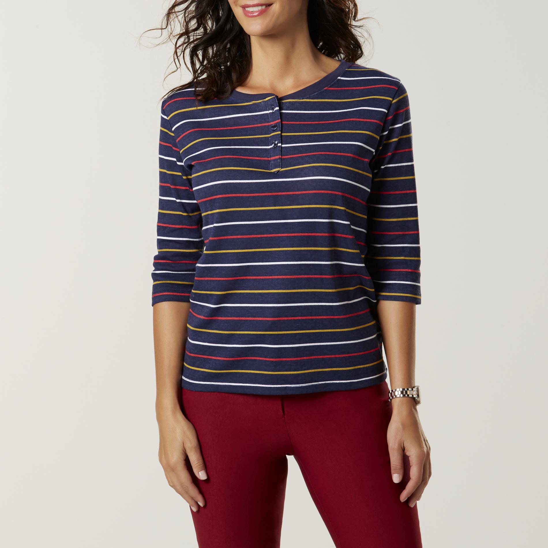 Basic Editions Women's Henley Shirt - Striped
