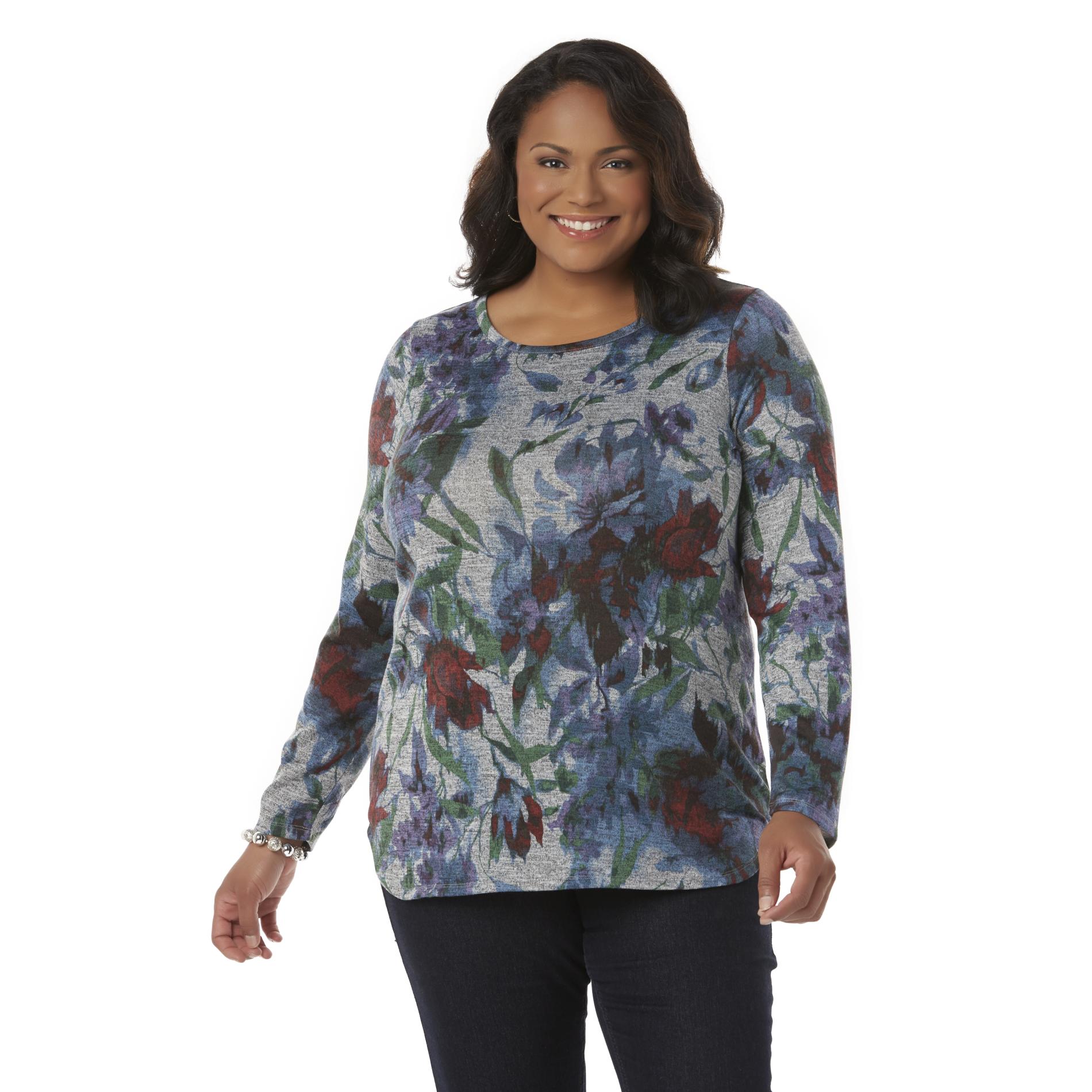 Basic Editions Women's Plus Hacci Knit Sweater - Floral