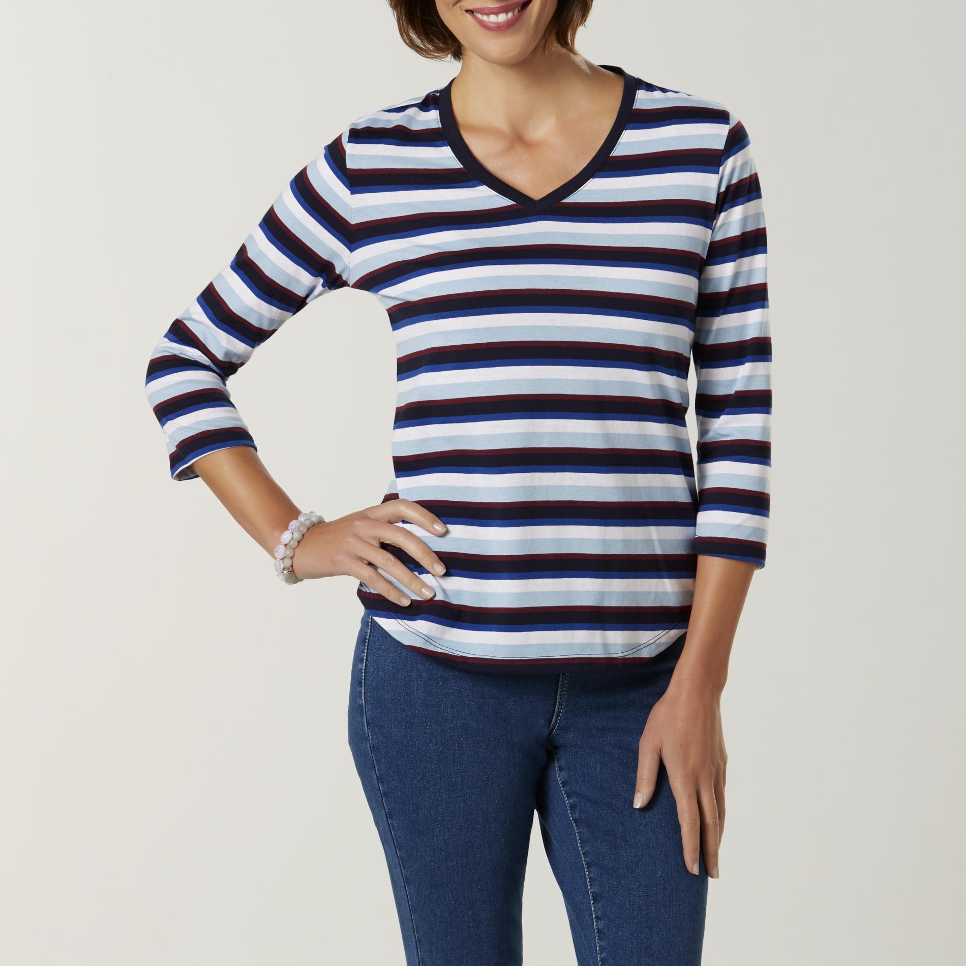 Basic Editions Women's V-Neck T-Shirt - Striped, Size: Small, Chambray Basic Editions Women's V-Neck T-Shirt - Striped, Size: Small, Chambray