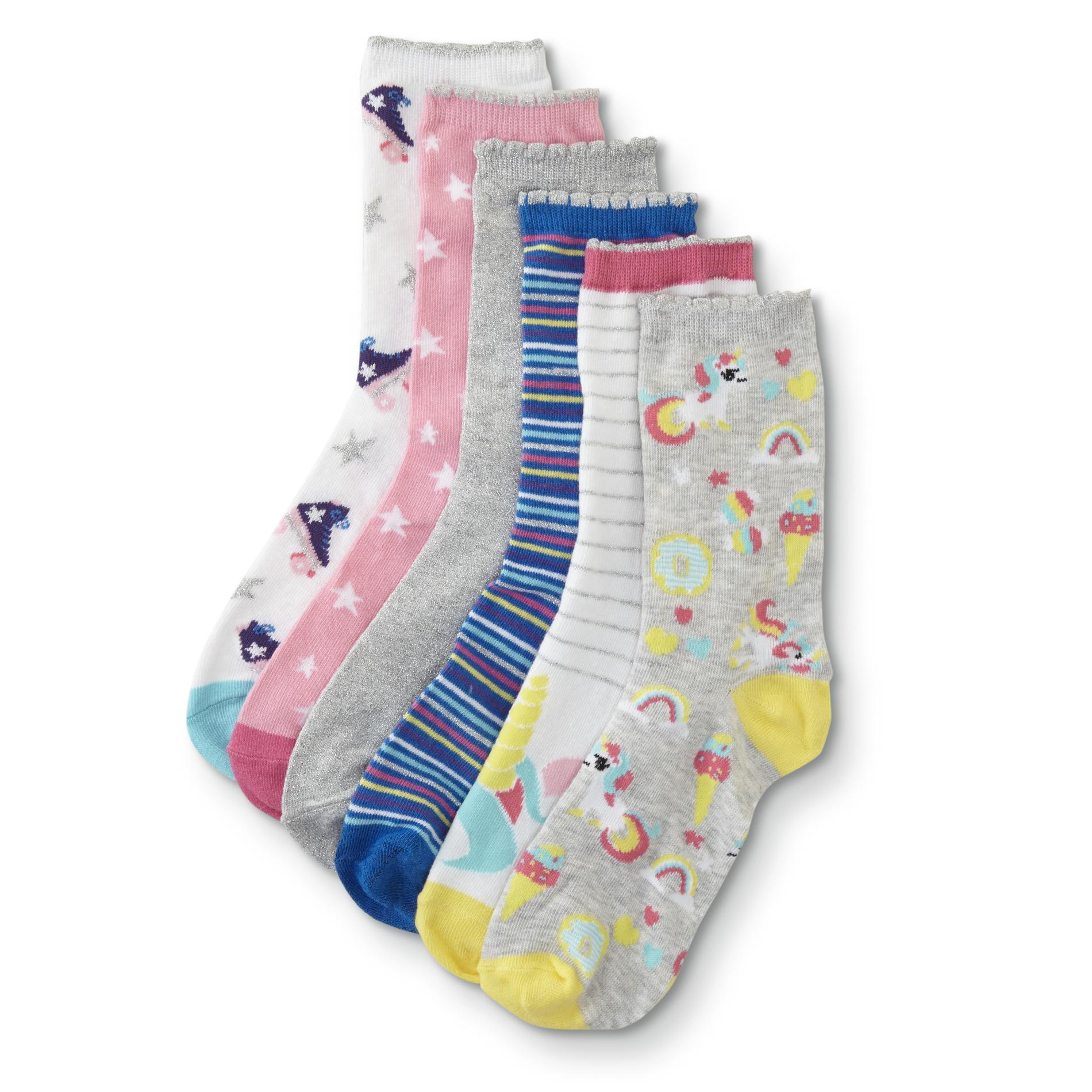 Joe Boxer Girls' 6-Pairs Fashion Crew Socks - Unicorn/Retro