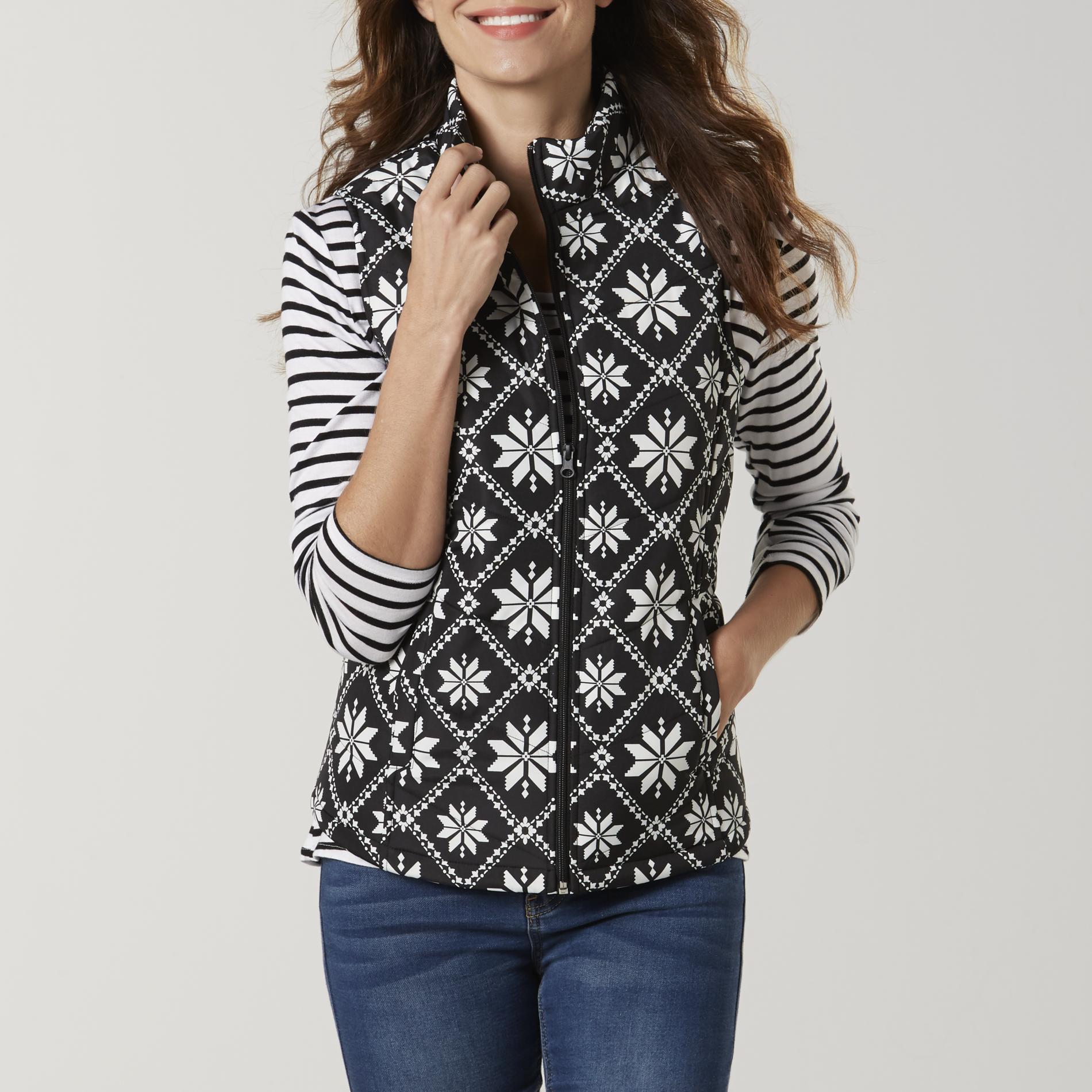Basic Editions Women's Puffer Vest - Snowflake, Size: Small, Black Basic Editions Women's Puffer Vest - Snowflake, Size: Small, Black