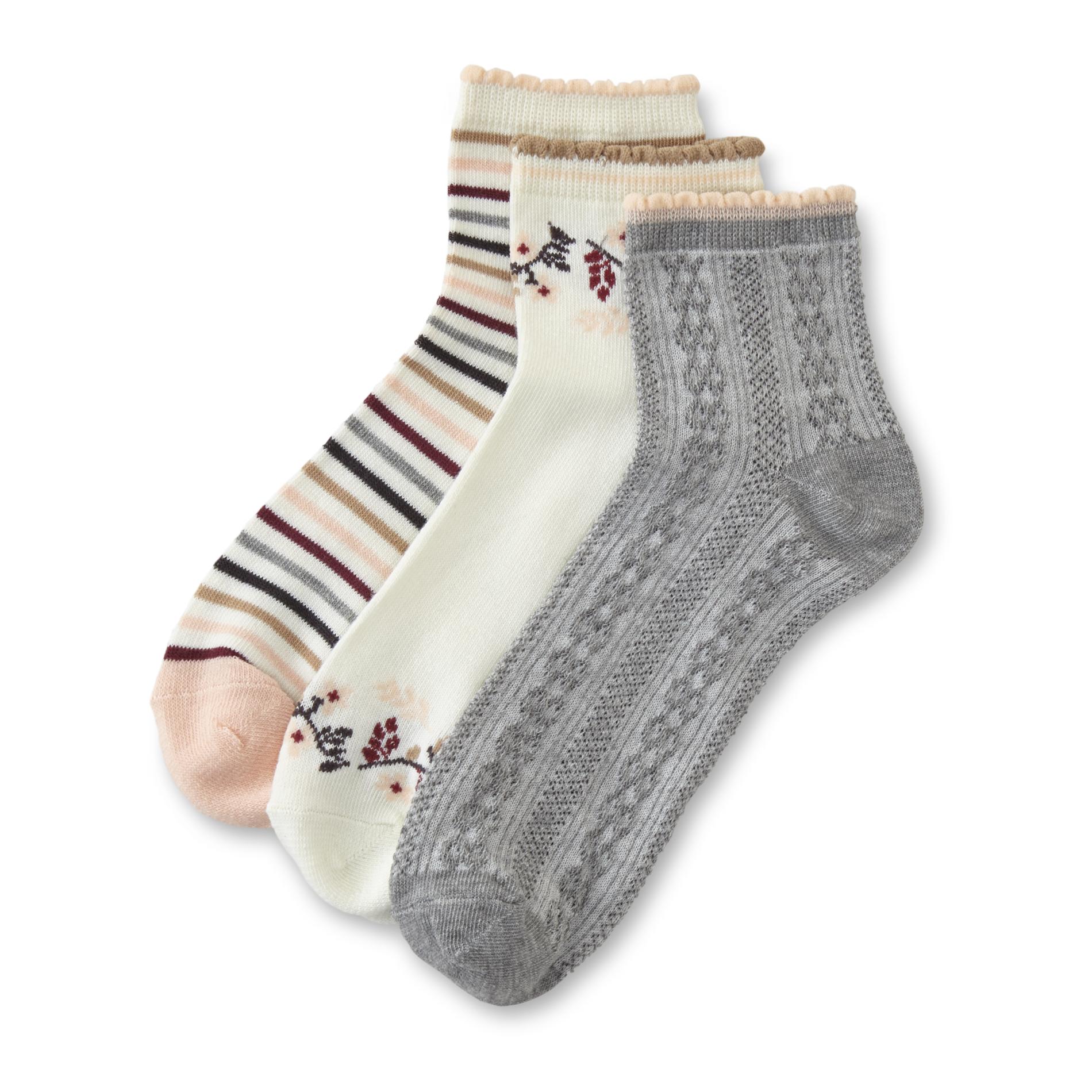 Women's 3-Pairs Quarter Socks - Floral & Striped
