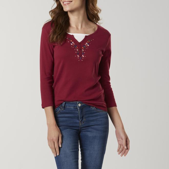 Basic Editions Basic Editions Women's Layered-Look Henley - Floral