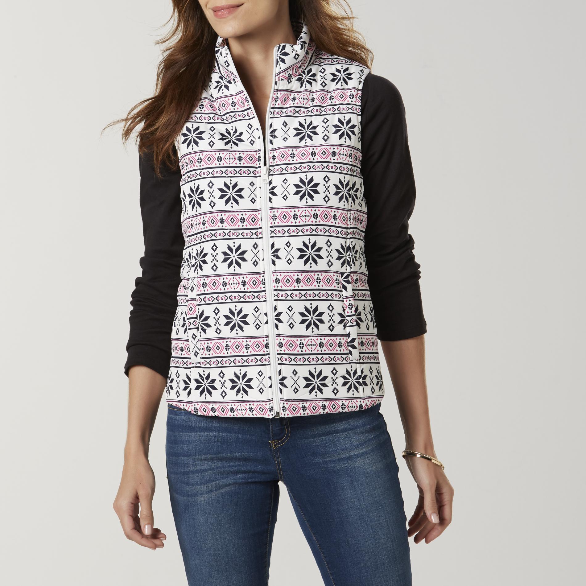 Basic Editions Women's Puffer Vest - Fair Isle, Size: Small, Egret Basic Editions Women's Puffer Vest - Fair Isle, Size: Small, Egret