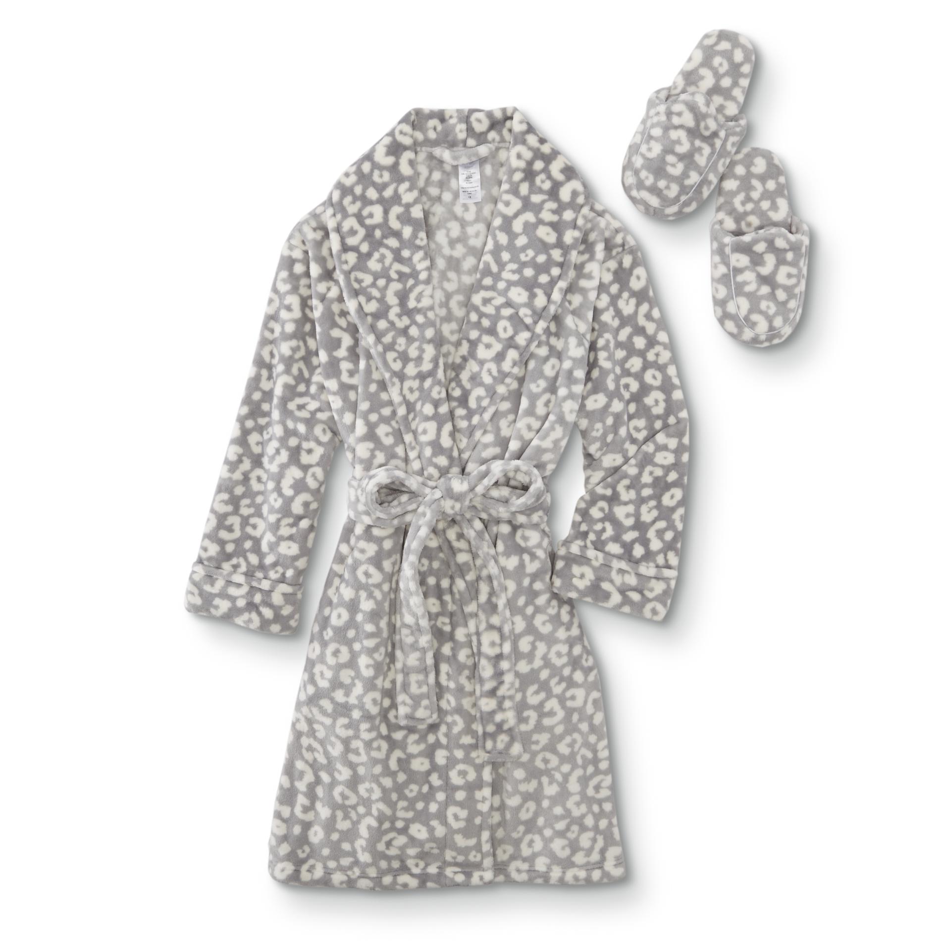Simply Styled Women's Plus Fleece Robe & Slippers - Leopard