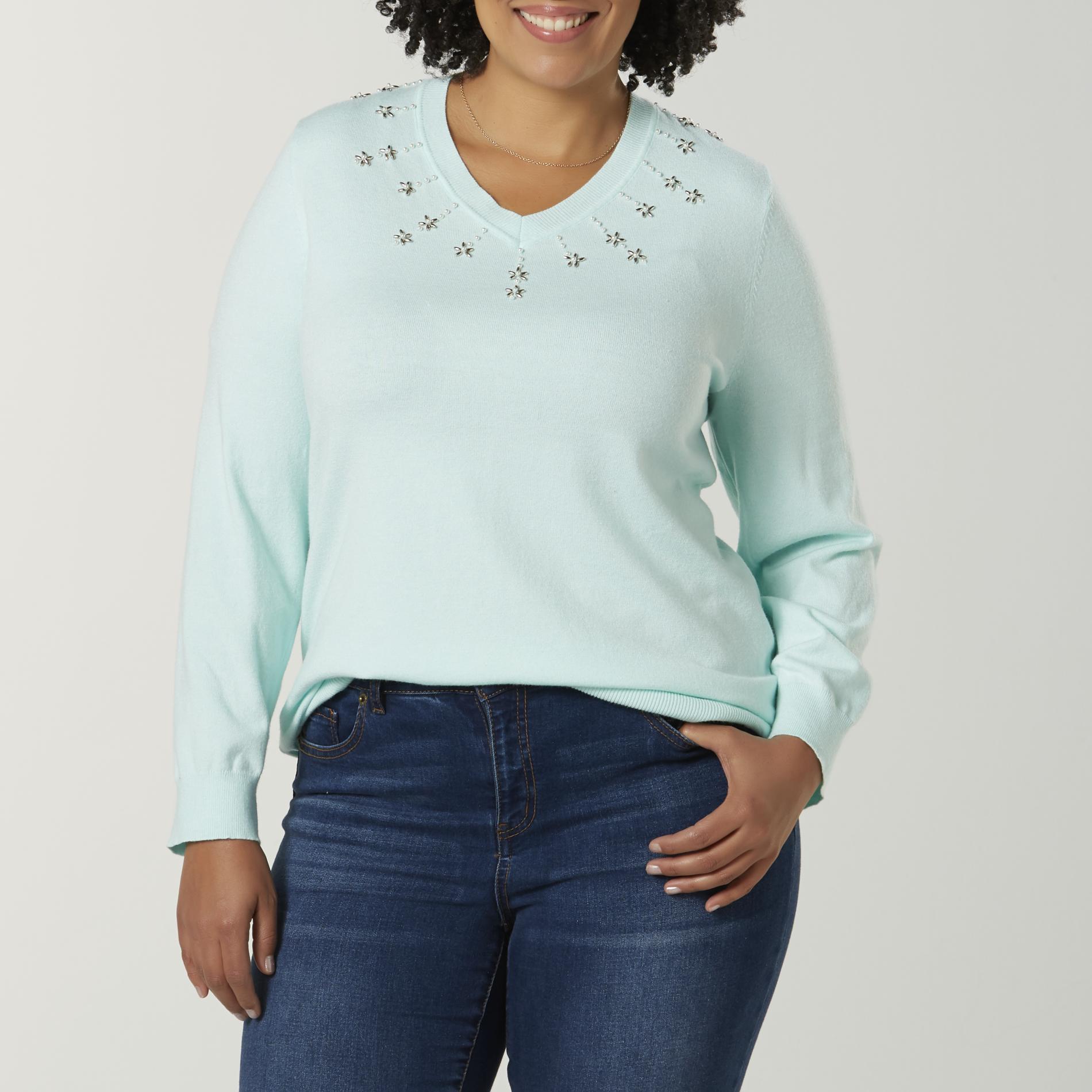 Laura Scott Women's Plus Embellished V-Neck Sweater