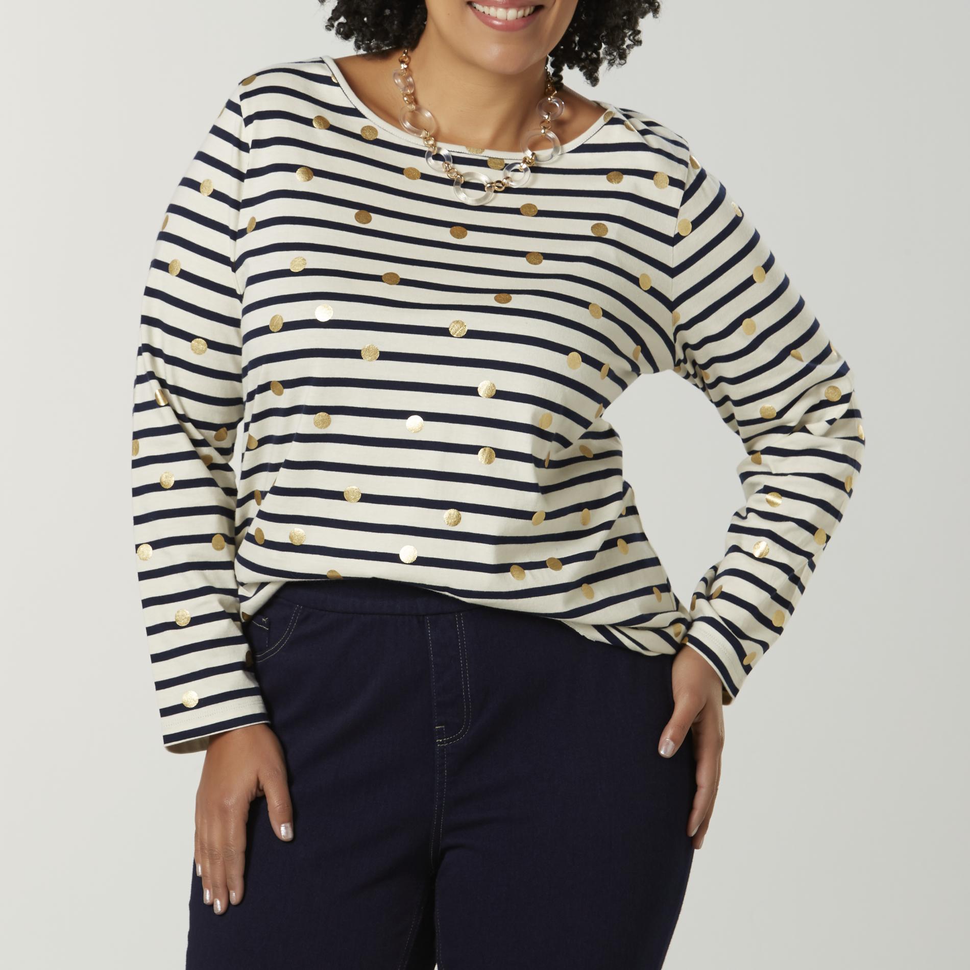 Basic Editions Women's Plus Long-Sleeve T-Shirt - Striped/Dots