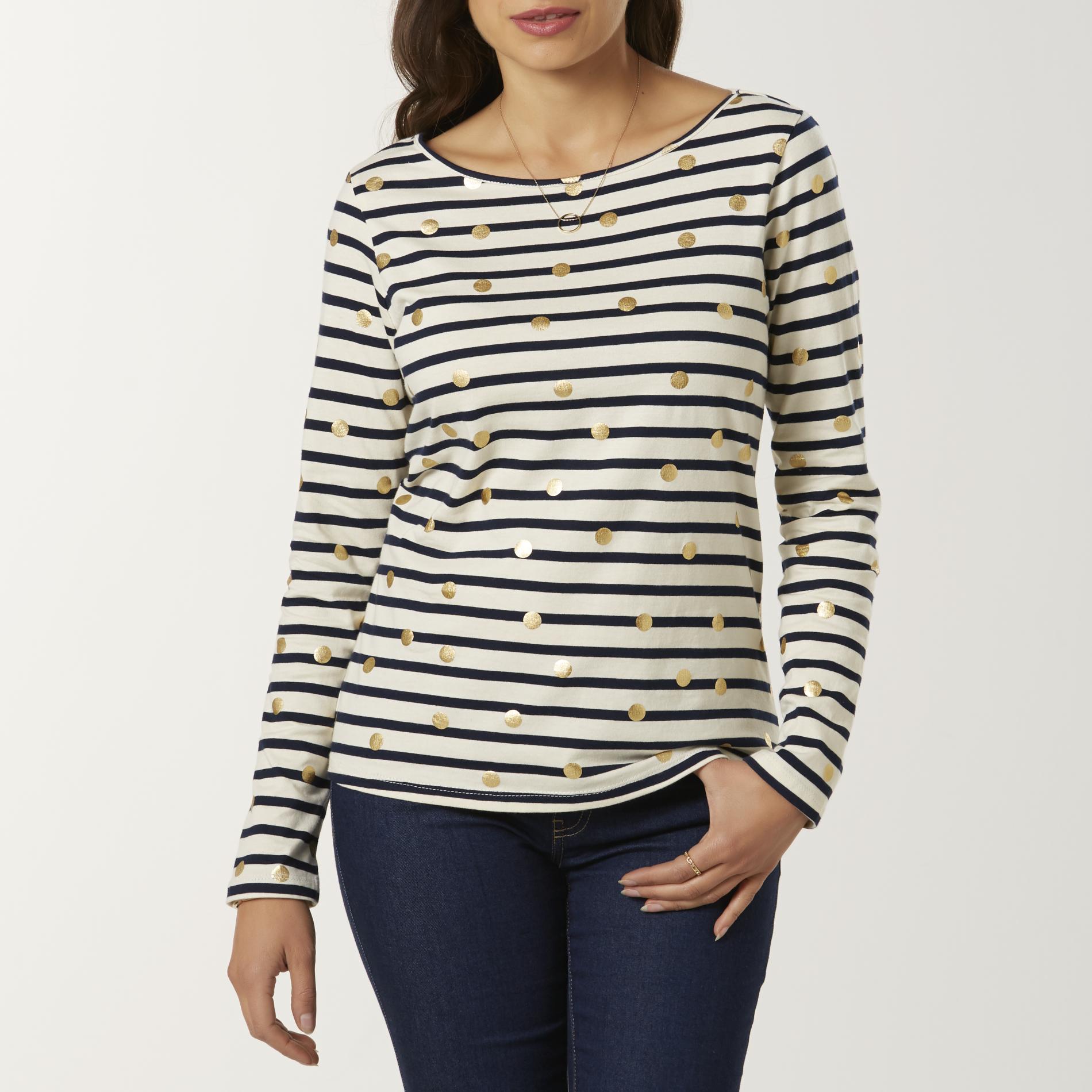 Basic Editions Women's Long-Sleeve T-Shirt - Striped/Dots, Size: Small, Maritime Blue Basic Editions Women's Long-Sleeve T-Shirt - Striped/Dots, Size: Small, Maritime Blue
