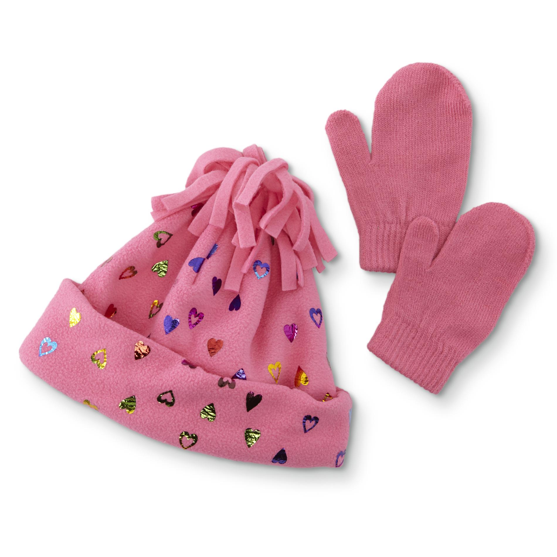 Simply Styled Toddler Girls' Fleece Beanie Hat & Stretch Knit Mittens - Hearts