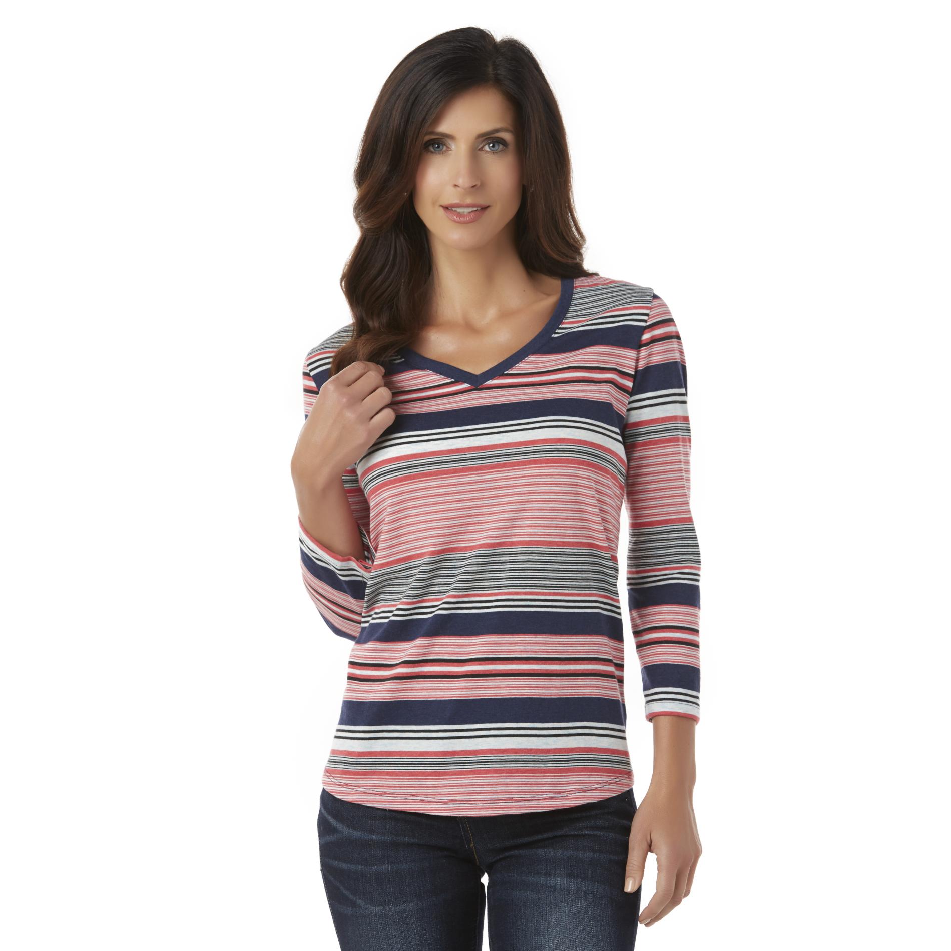 Basic Editions Women's V-Neck Top - Striped