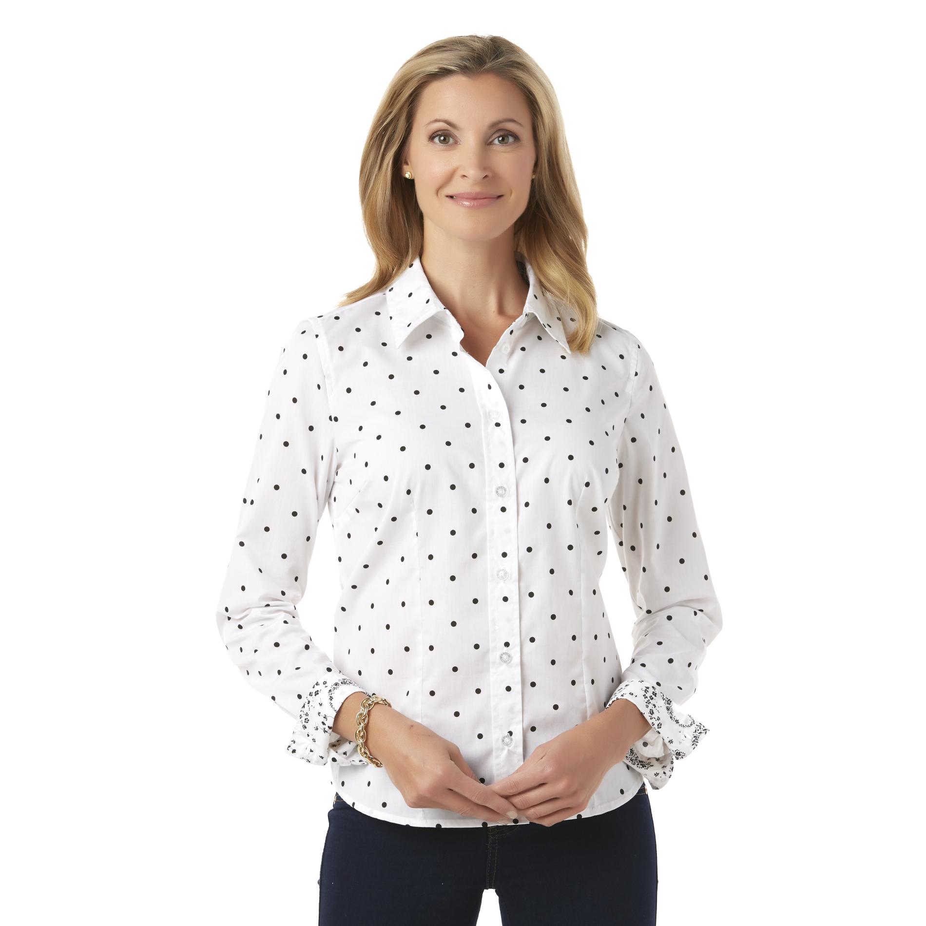 Basic Editions Women's Button-Front Shirt - Polka Dot