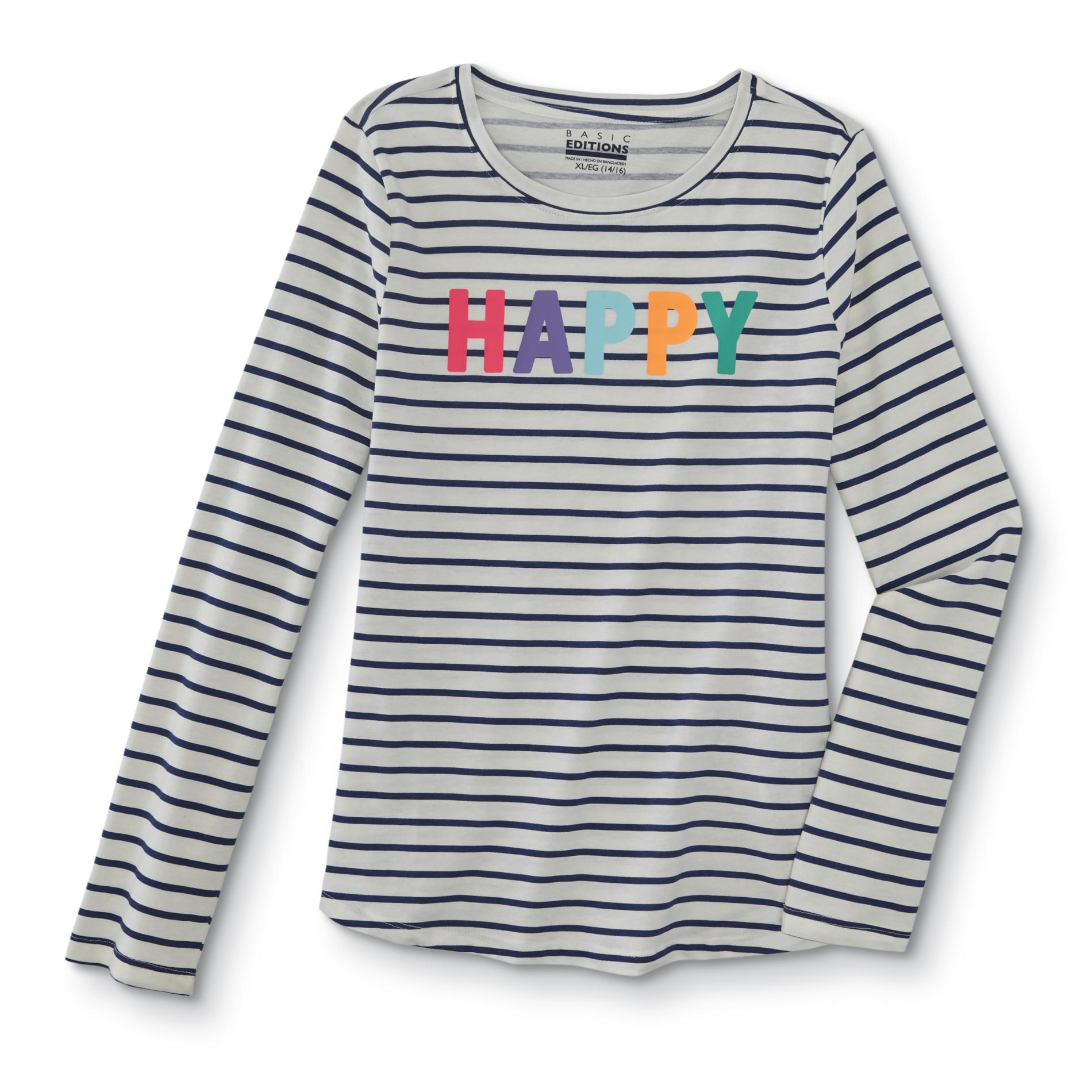 Basic Editions Girls' Graphic Shirt - Striped & Happy
