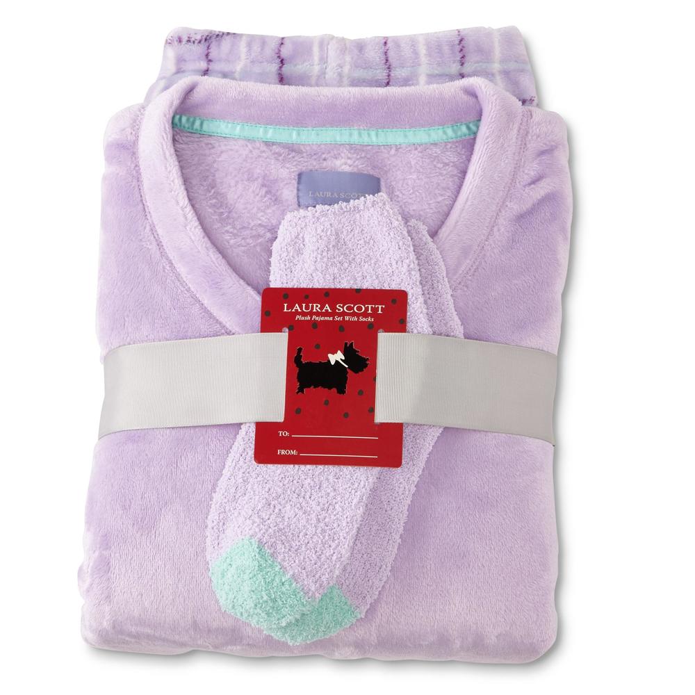 Laura Scott Women's Fleece Pajama Top, Pants & Socks - Plaid