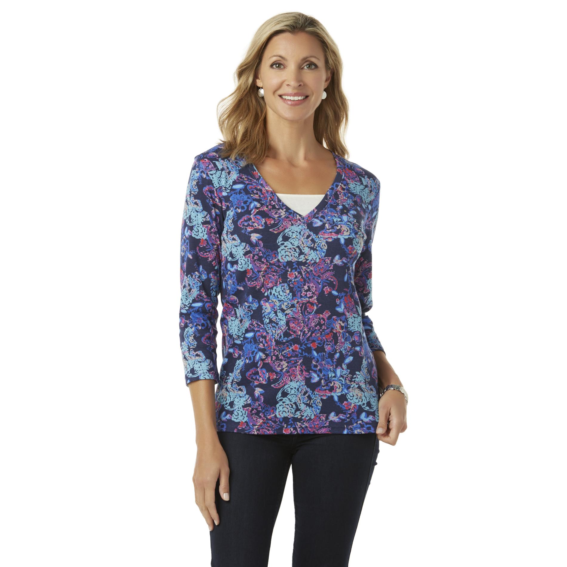 Basic Editions Women's Embellished Layered-Look Top - Floral