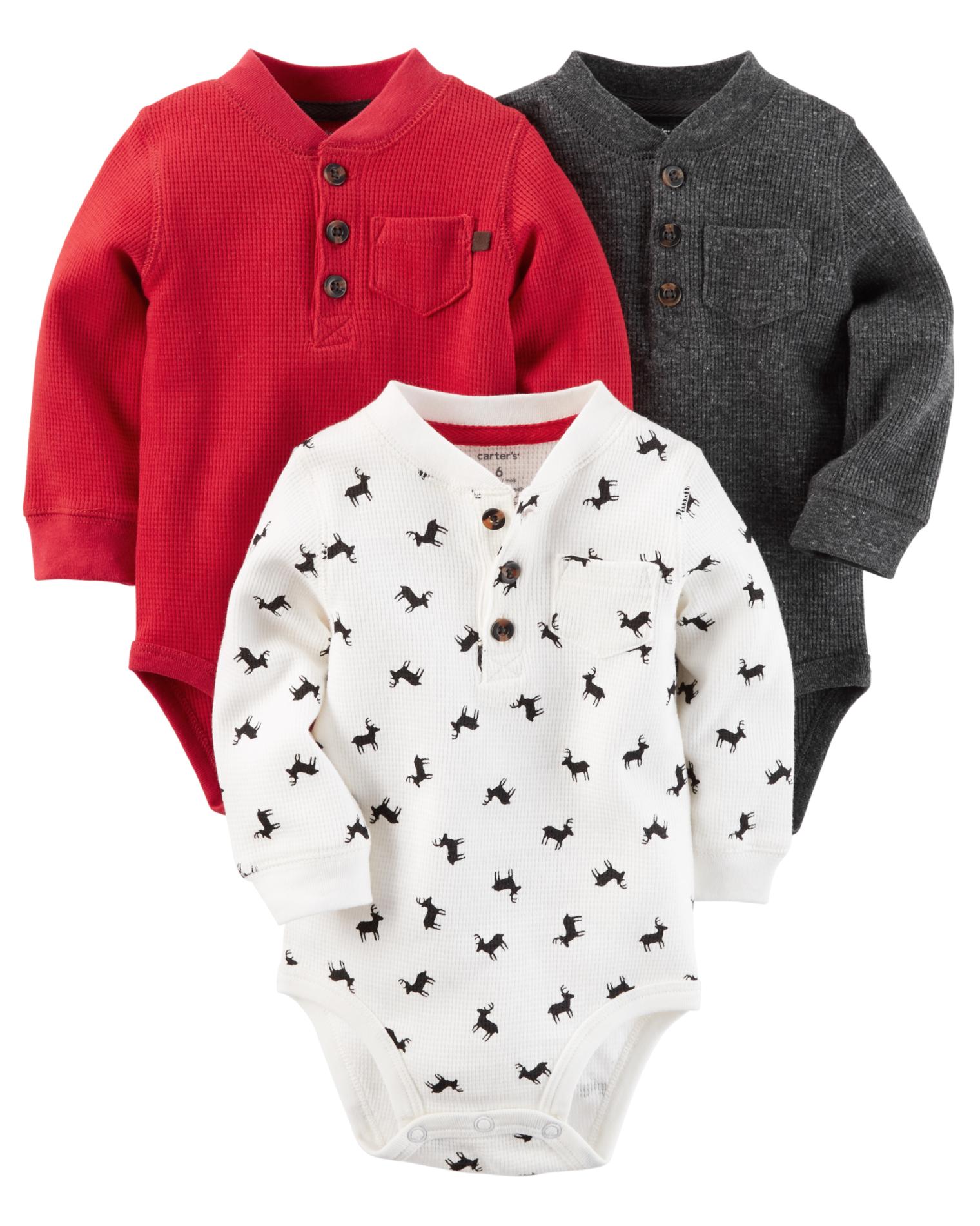 Carter's Newborn & Infant Boys' 3-Pack Long-Sleeve Bodysuits - Deer & Solid
