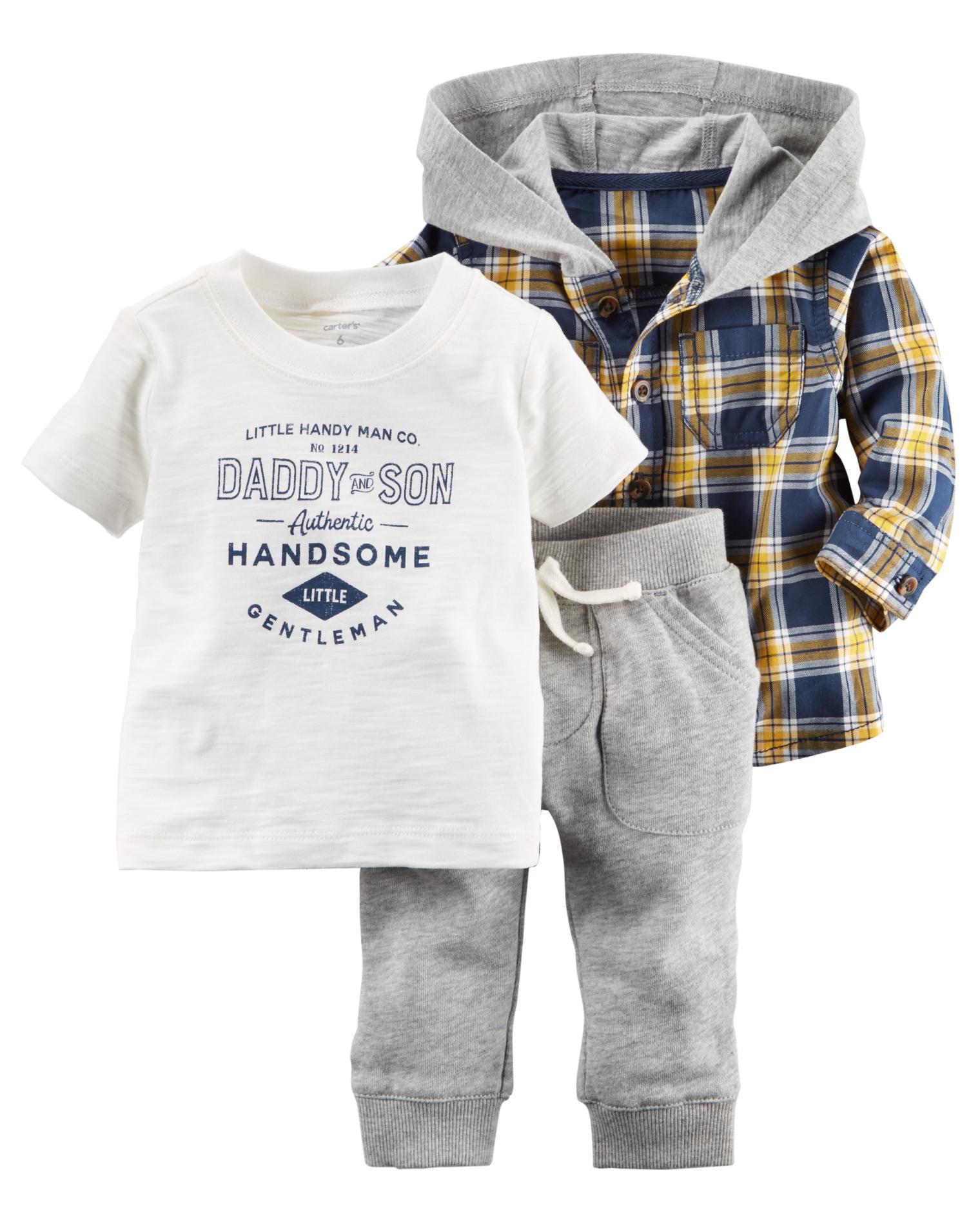 Carter's Newborn & Infant Boys' T-Shirt, Hooded Shirt & Sweatpants - Plaid